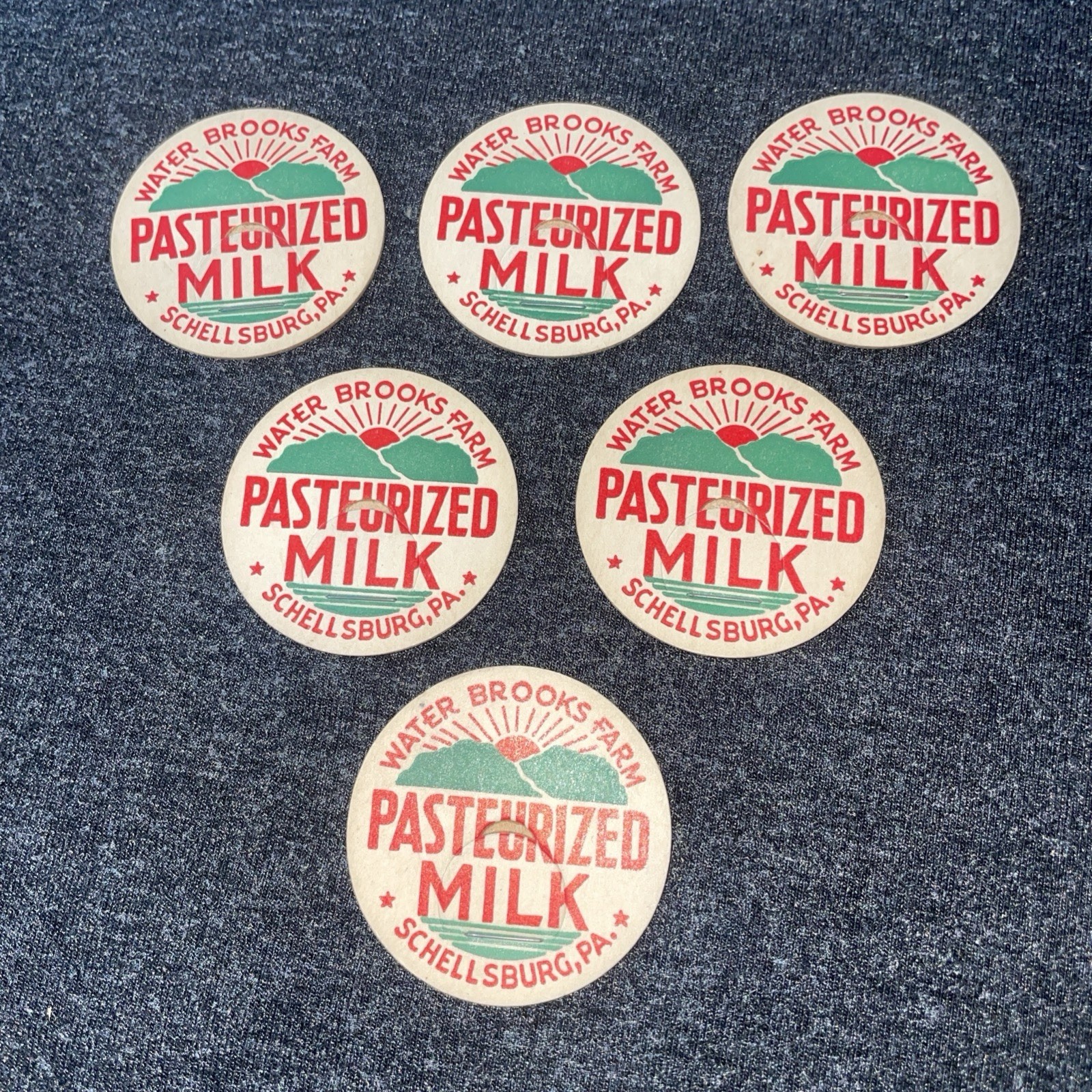 6 VTG Antique MILK BOTTLE CAP Water Brooks Farm Schellsburg Pa Pennsylvania New