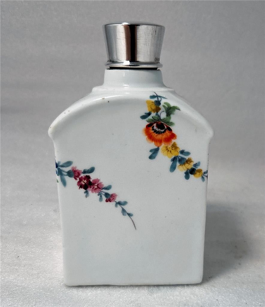 Antique Porcelain German Tea Caddy Hand Painted w/Silver Lid Meissen late 1700s