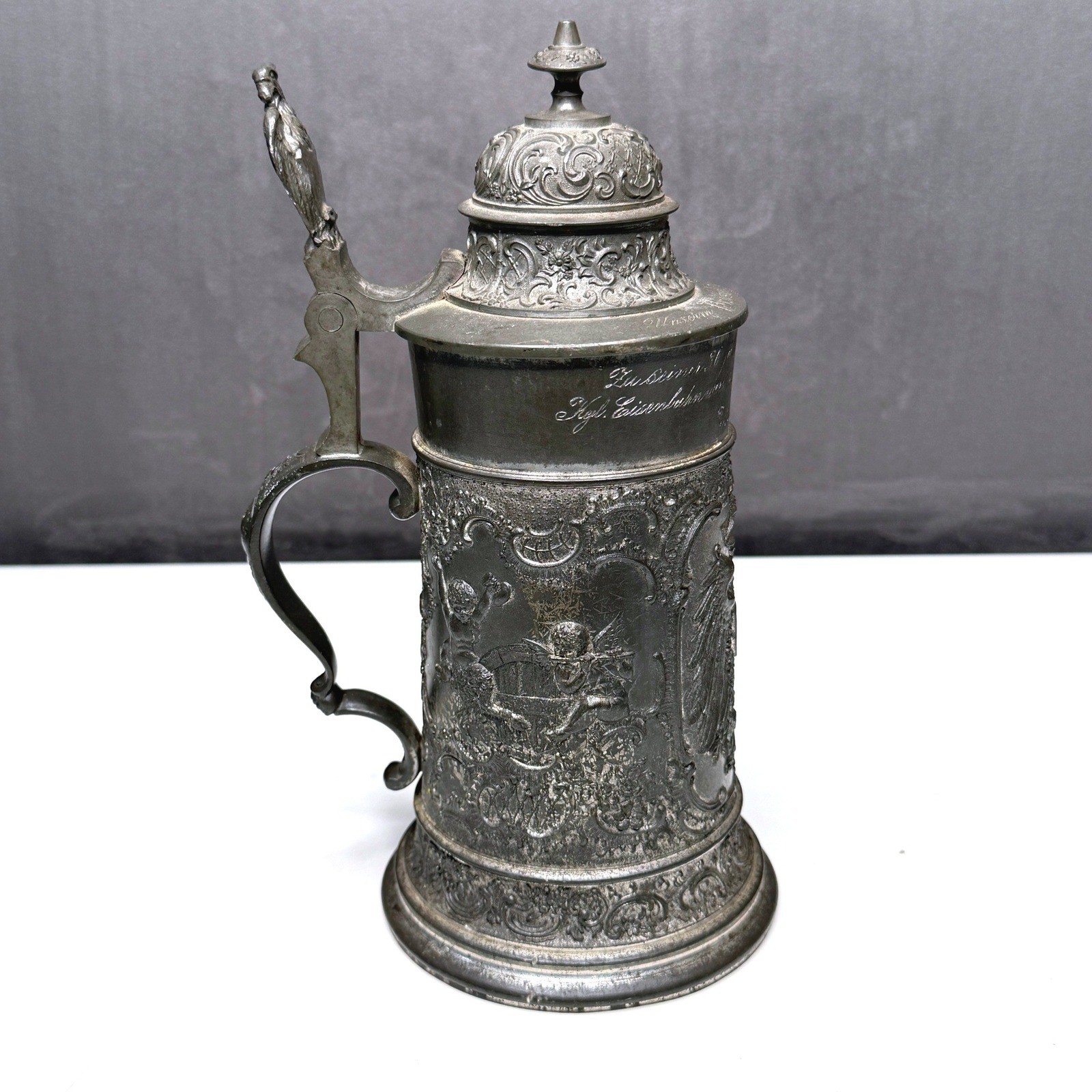 Antique c1900 F&M German Stein Pewter Royal Railway Presentation Teutonia  Heavy