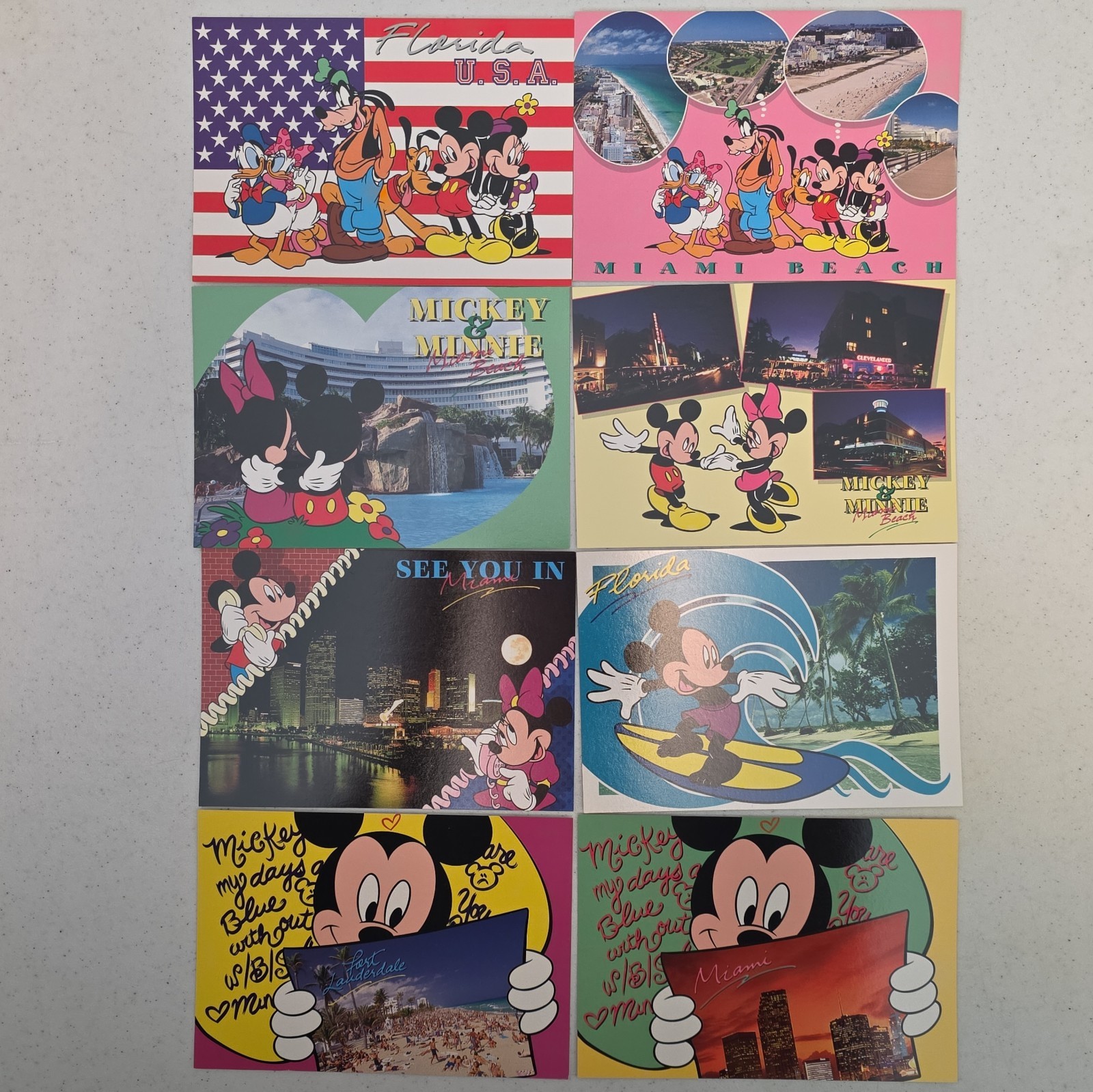 8 VTG Large Disney Postcards Mickey Minnie Donald Daisy Goofy Florida Miami