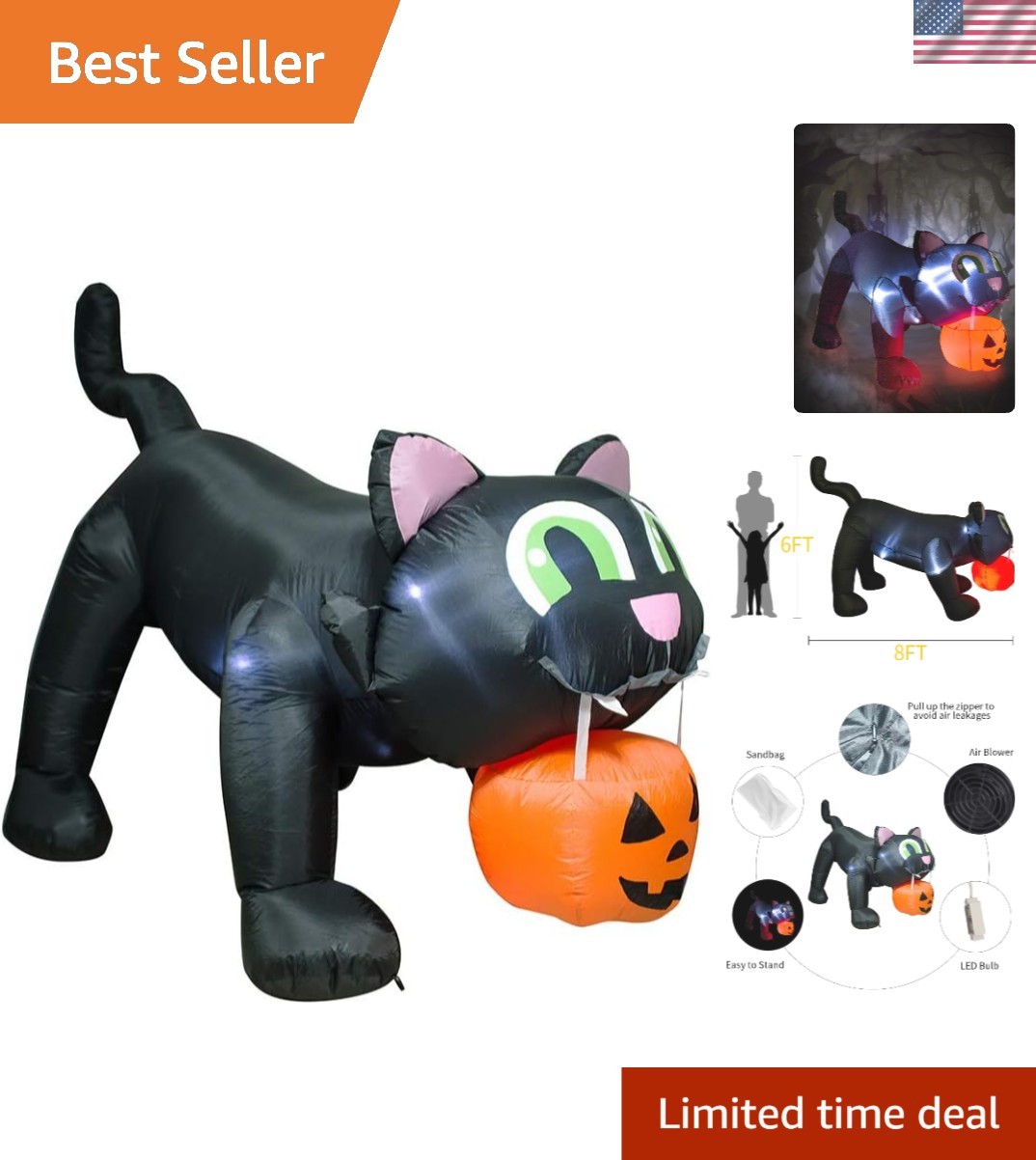 Giant 8FT Inflatable Black Cat Holding Pumpkin with LED Lights for Halloween Fun