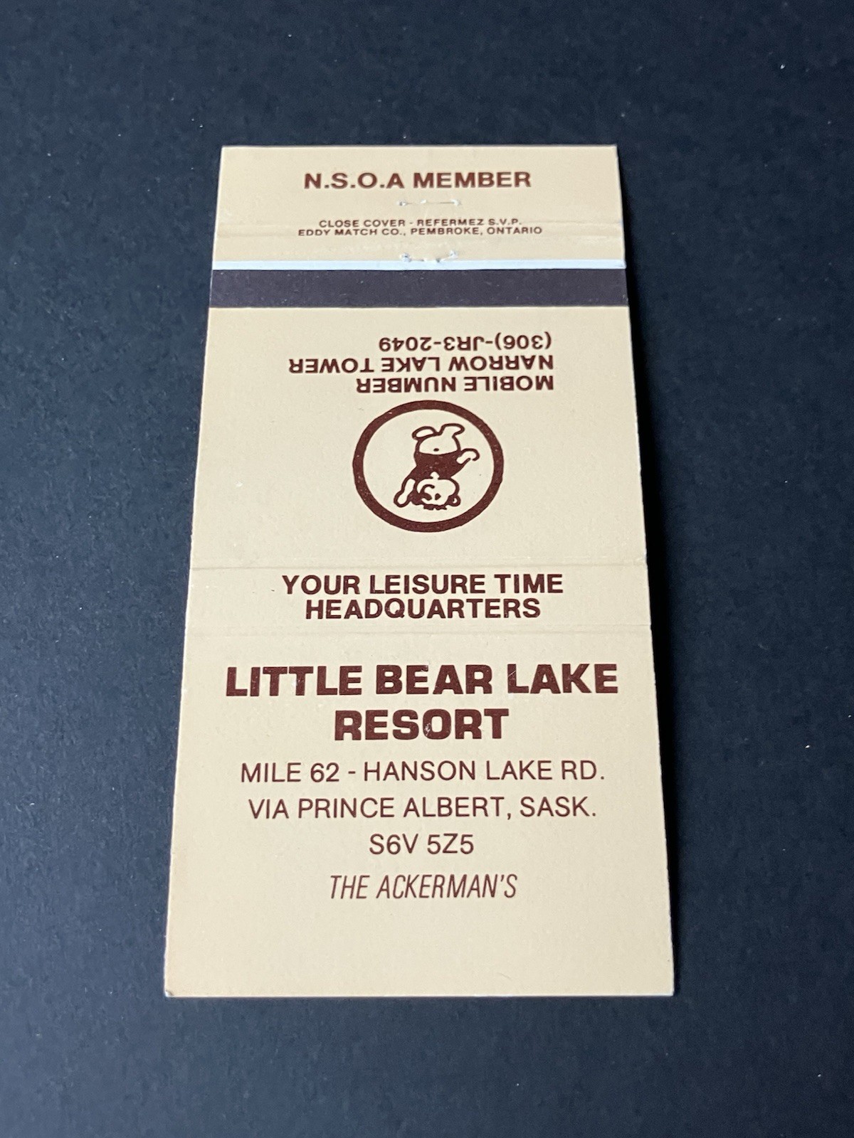 Vintage Canada Matchbook “LITTLE BEAR LAKE RESORT - The Ackerman’s” Prince Alber