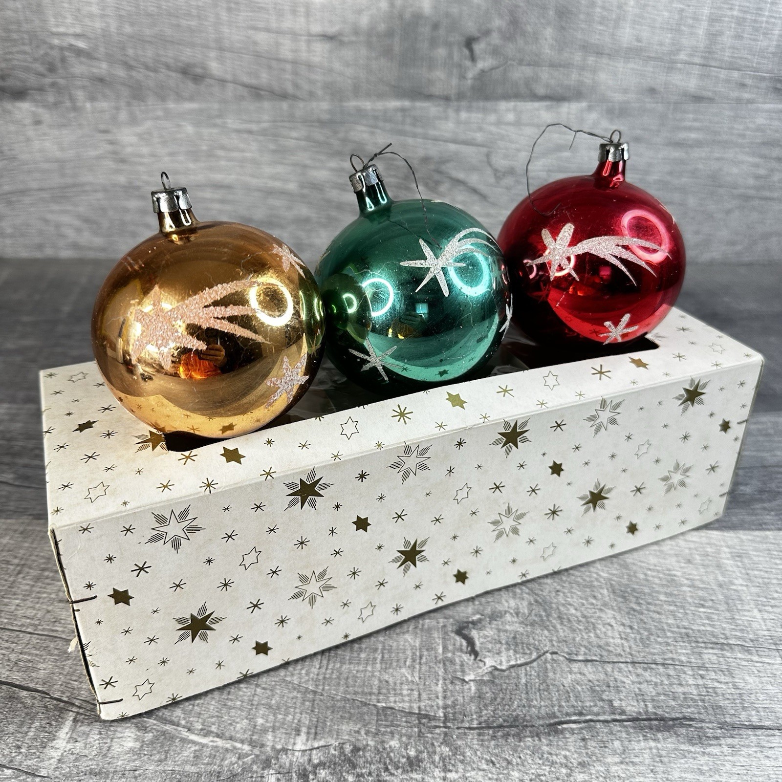 Vintage Mercury Glass Xmas Ornaments 3in Stenciled Shooting Star Boxed Lot of 3