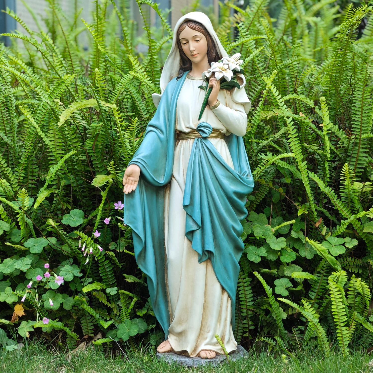 Virgin Mary Garden Statue, 24 Inches Saint Mary Holding Lilies Outdoor Sculpture