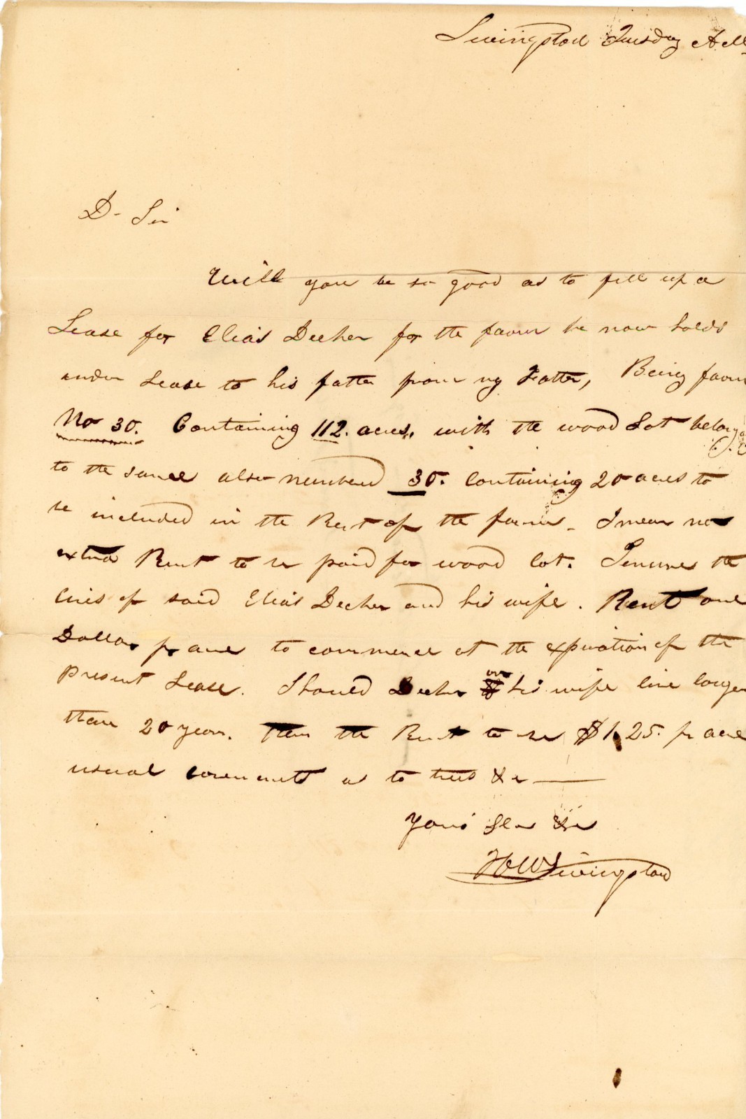 Early NY Stampless Folded Letter Henry W Livingston Manor Lease Elias Decker