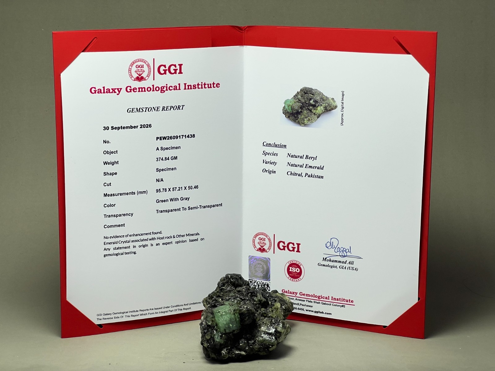 GGI Certified Natural Emerald Specimen Crystals on Matrix - 374 GRAM Chitral,PAK