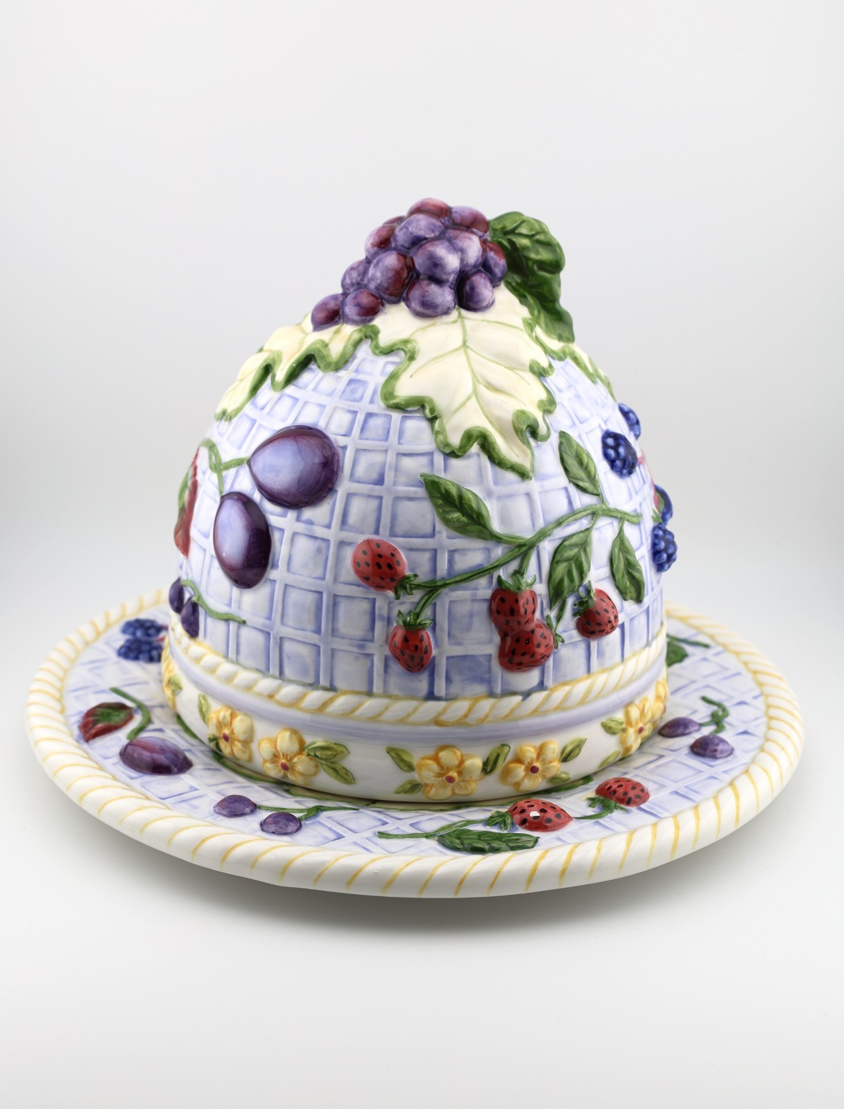 One of a Kind Rare Vintage Ceramic Fruit Dome & Plate, Raised Grapes Strawberrie One of a Kind Rare Vintage Ceramic Fruit Dome & Plate, Raised Grapes Strawberrie