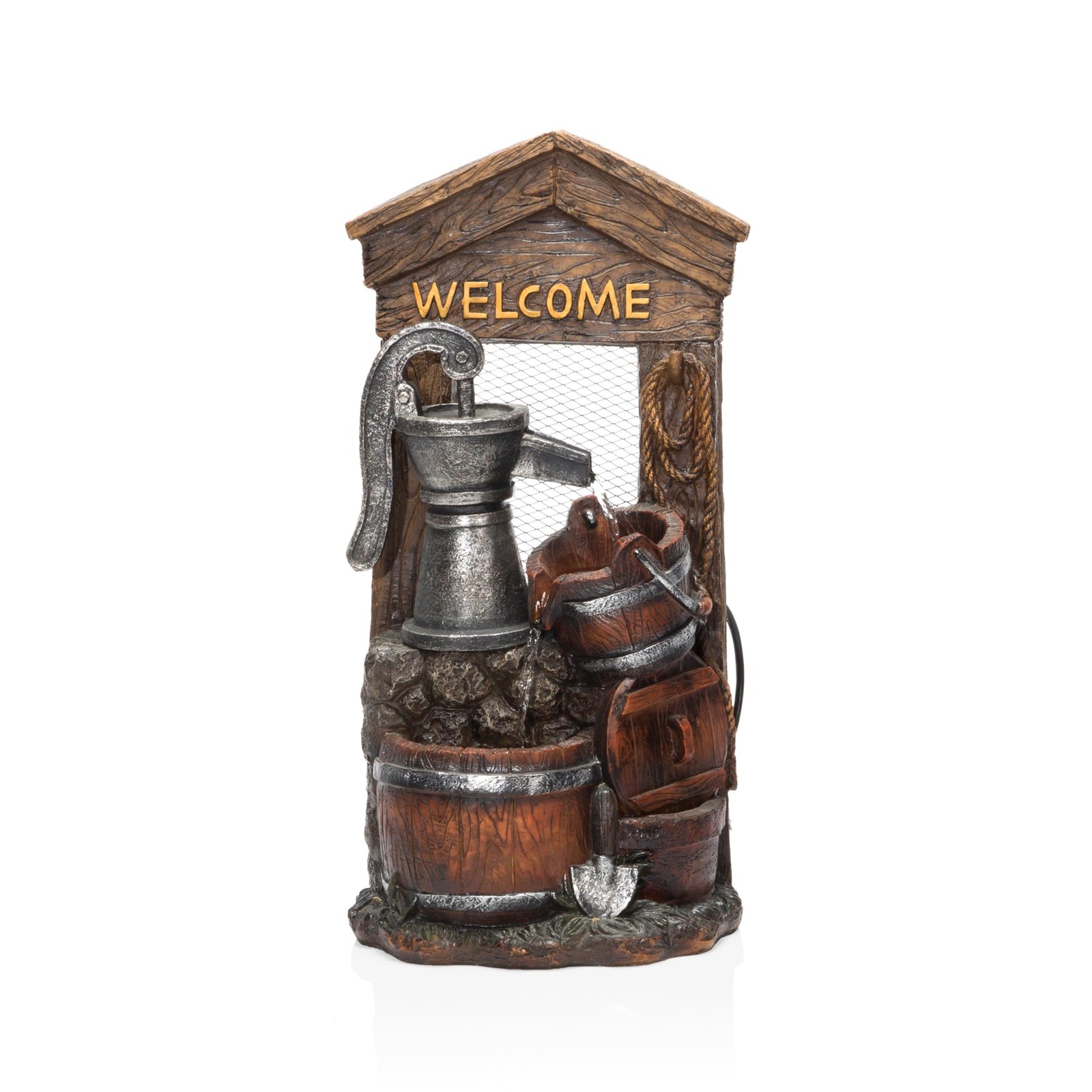 Alpine Corporation ZEN576S Outdoor Rustic Design Water Pump And Barrel Floor