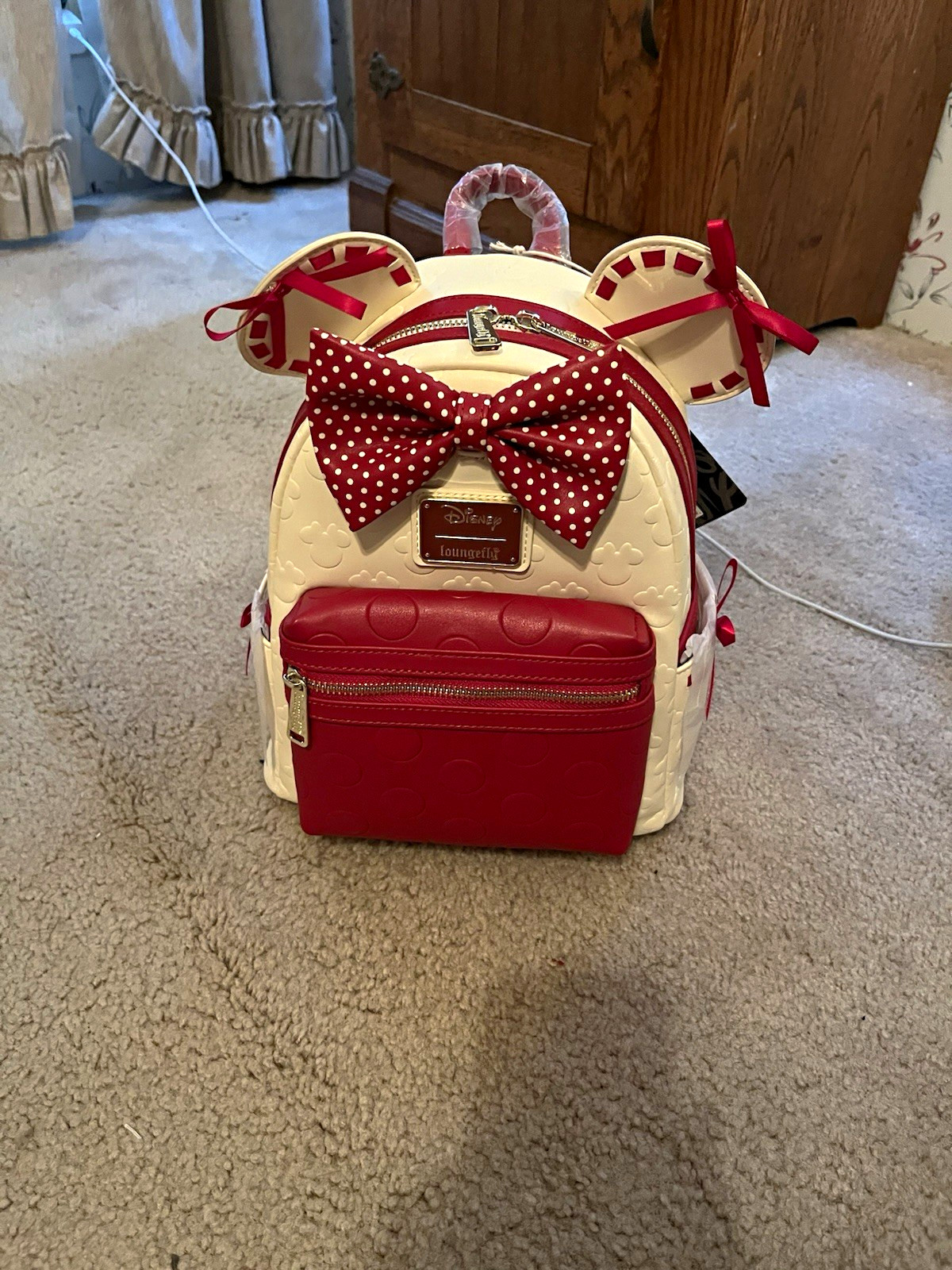 Loungefly Disney Minnie Mouse Mini Backpack White/Red Polka Dot Bow Zip Pocket