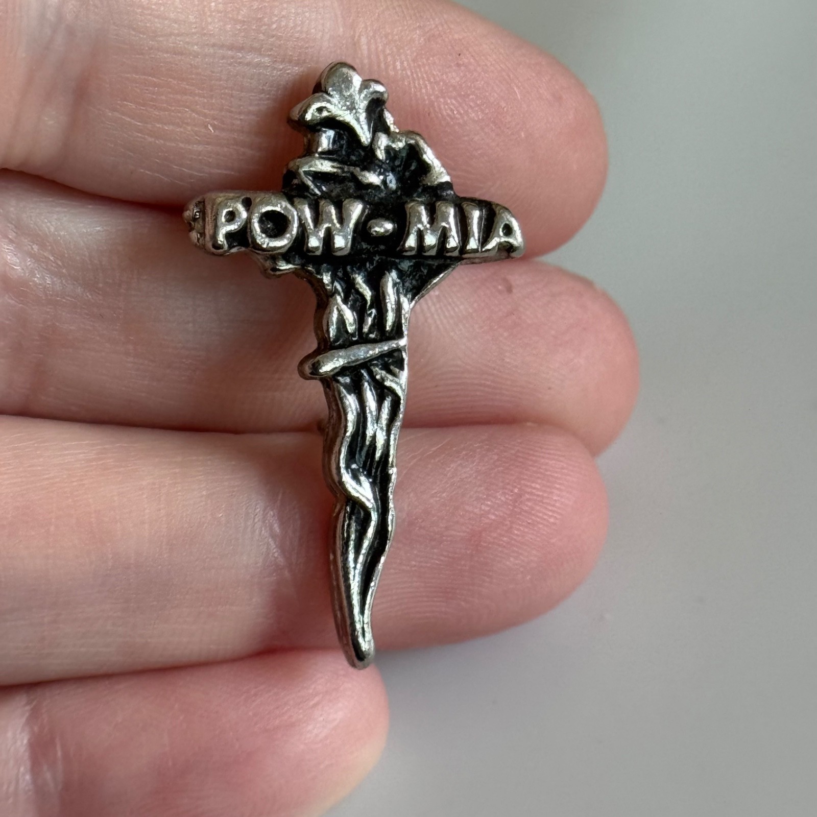 POW MIA Cross Pewter Lapel Pin Prisoner of War Remembrance Vintage