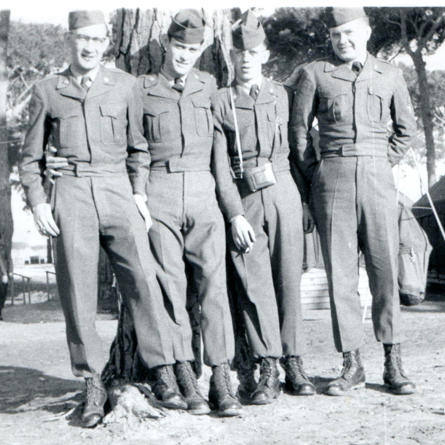 c1940s WWII Army Soldiers Ike Jackets Snapshot Photo Military Camp Tents Boots
