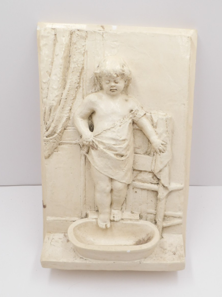 Vintage Plaster Bas Relief Plaque Bath Time Cherub Boy Child Wall Panel Art