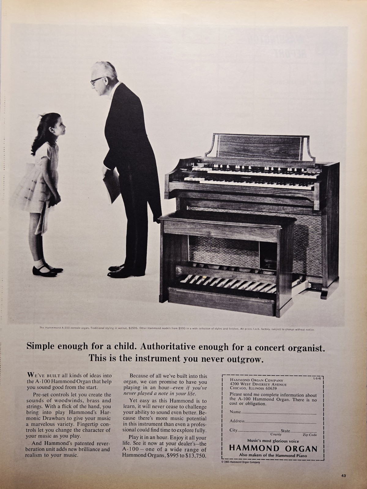 1965 Hammond A-100 Organ Print Ad - Concert Organist Young Girl Student 