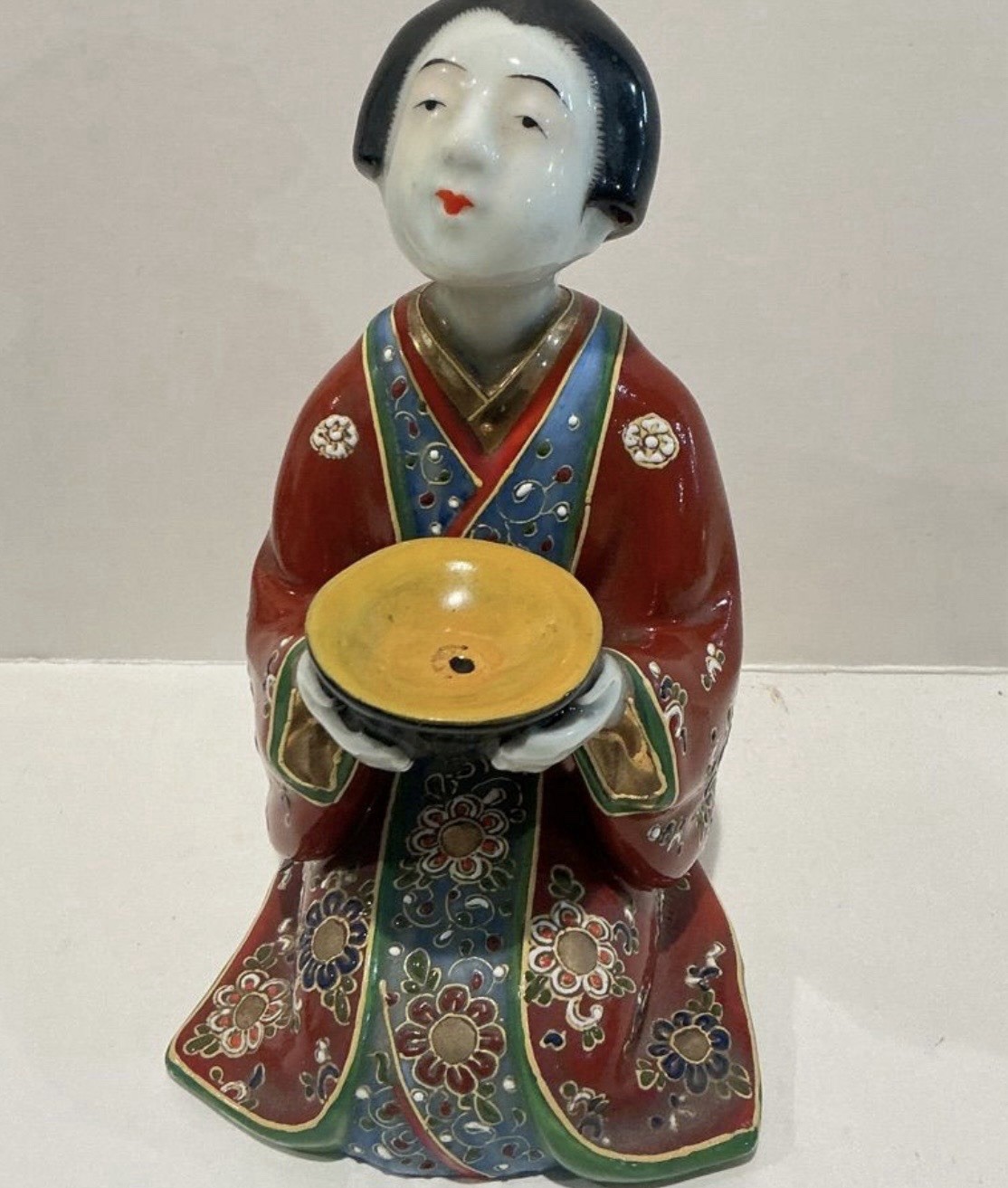 Antique Japanese Kutani-Style Kneeling Geisha Incense Burner Moriage Porcelain