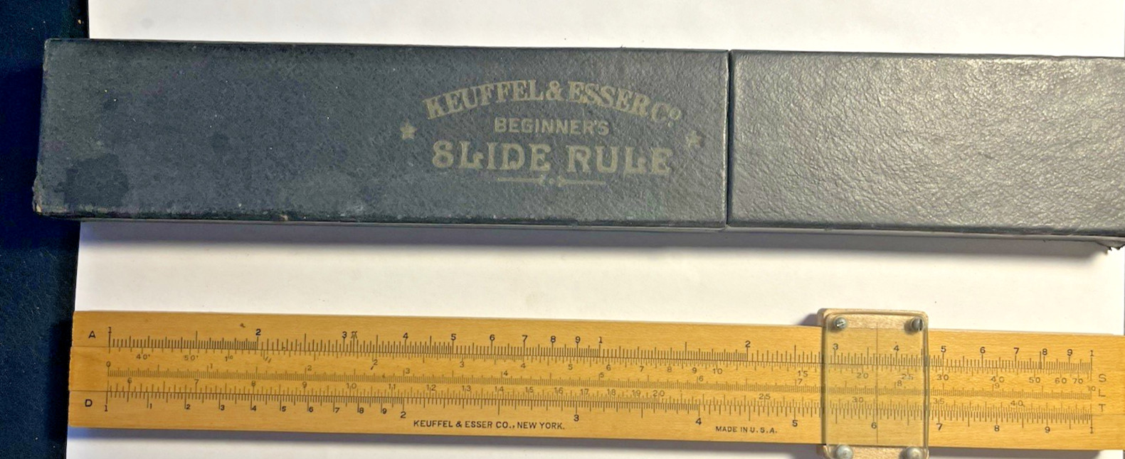 Vintage Keuffel Esser Beginners Slide Rule N4058W White Wood Case K&E USA