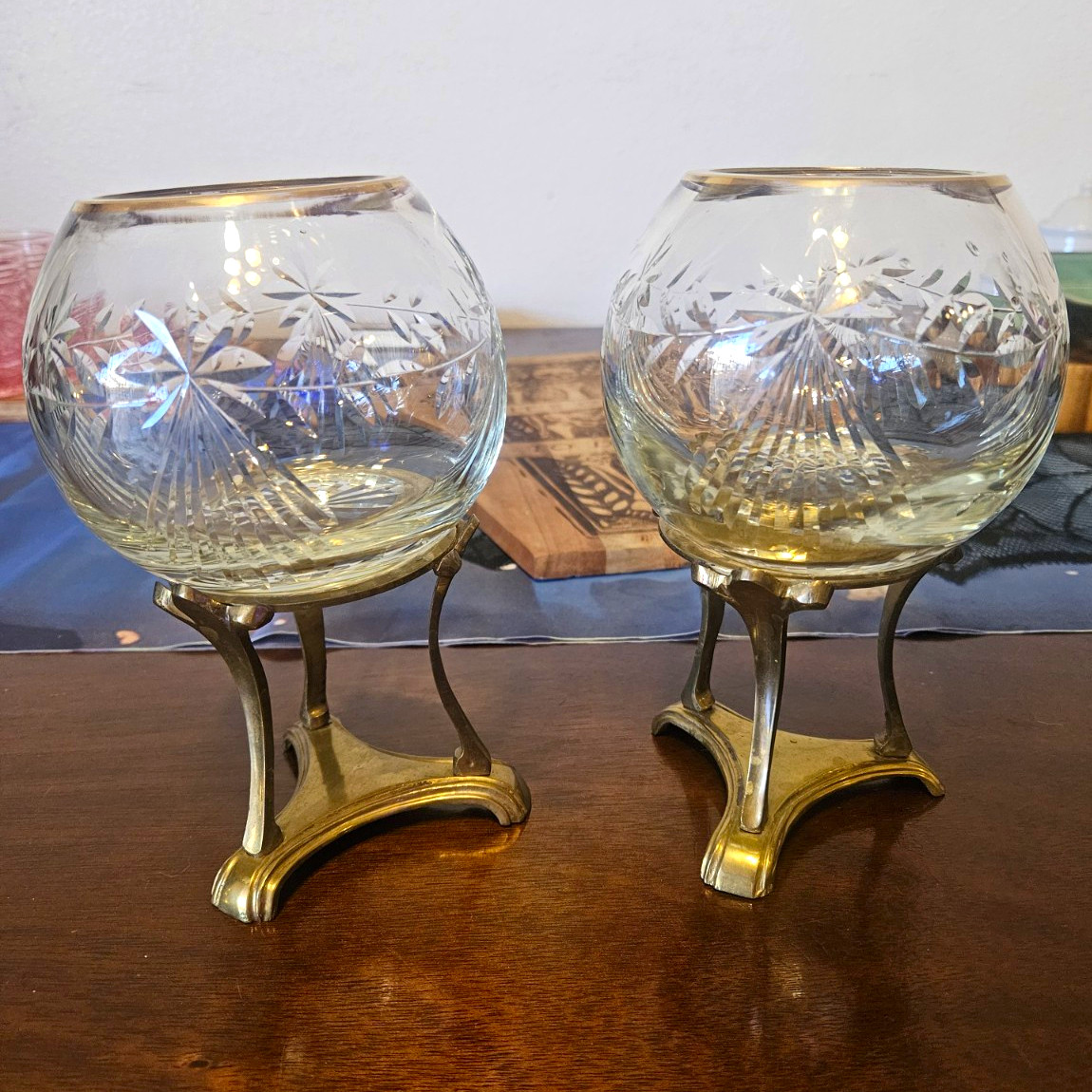 Vintage Matched Pair Cut Crystal Rose Bowls Ornate Brass Tripod Stands