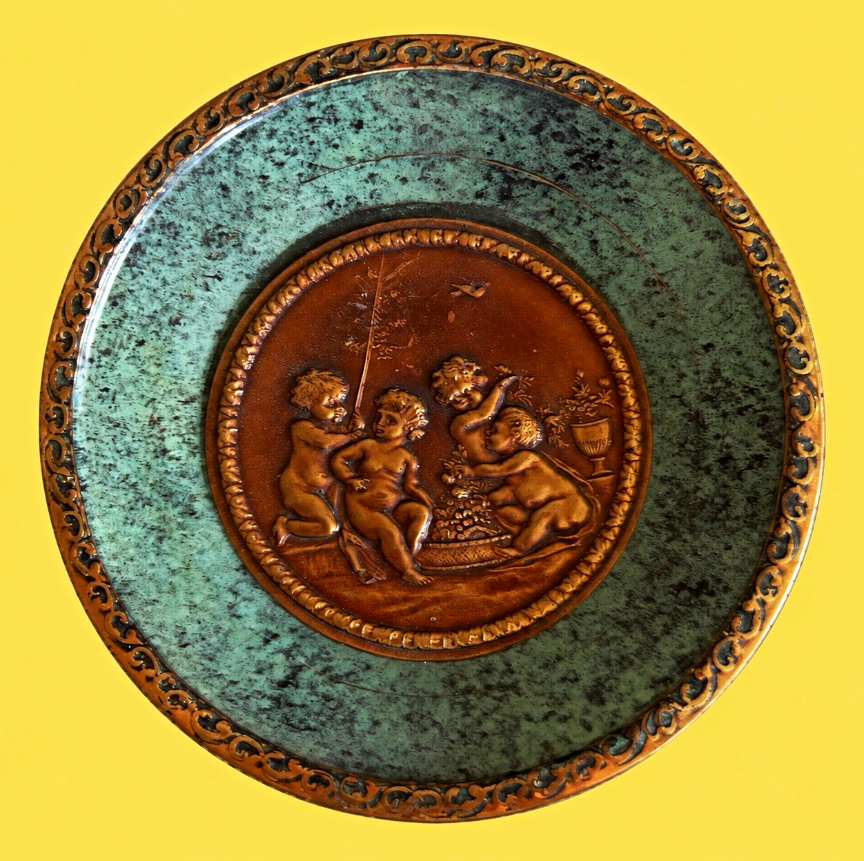 Title: Vintage Set of 3 6” Round Wall Plaques Horse Dog Cherubs Verdigris Bronze