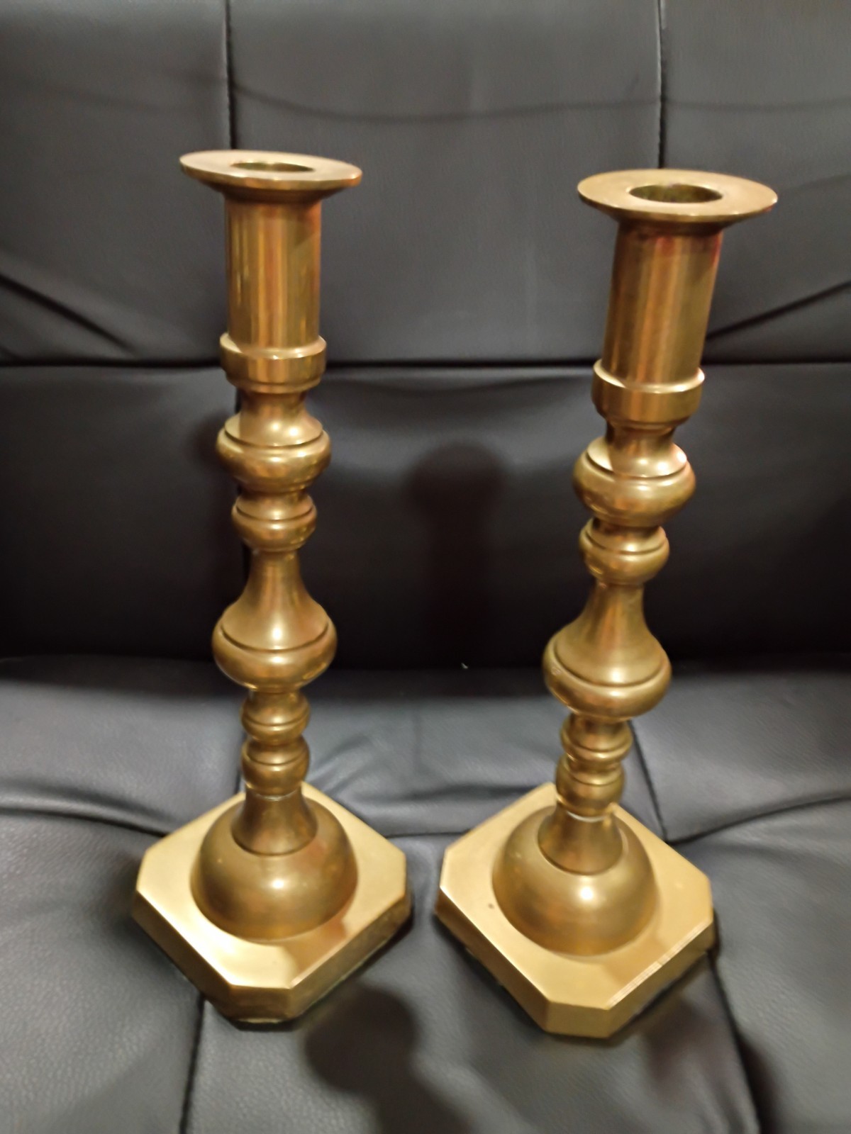 Pair Antique Mid 19th Century Diamond Faceted Brass Beehive Candlesticks England
