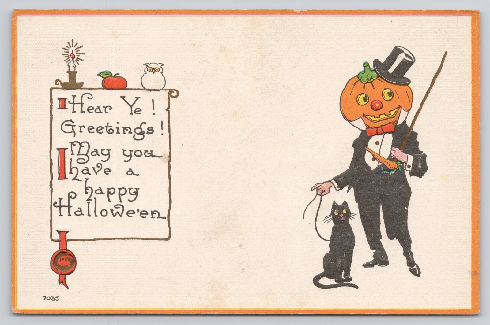 Antique Halloween Postcard JOL Man Top Hat Black Cat Embossed c1912