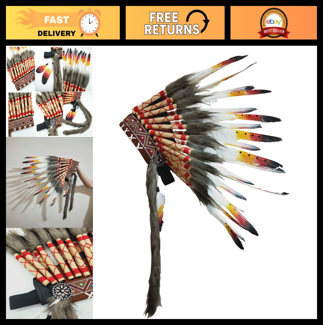 Native American Feather Headdress - Indian Style Headwear 15.5-17.7\