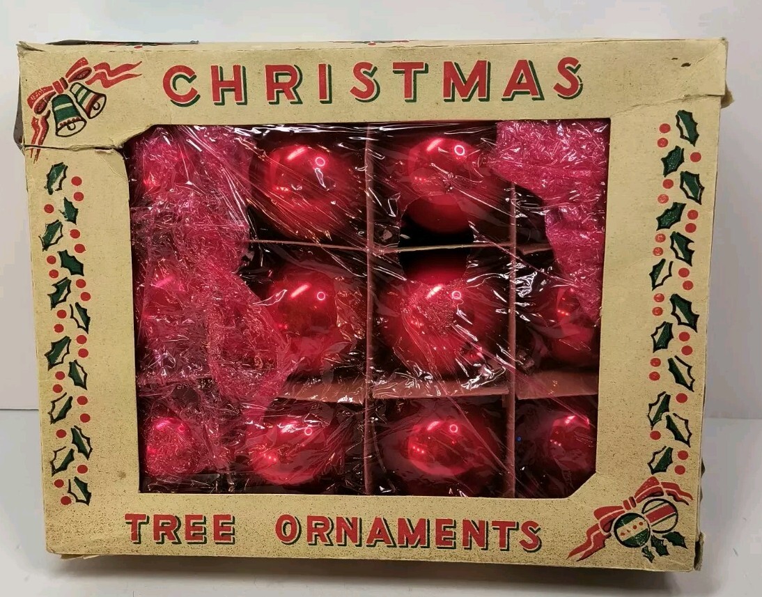 Vintage Christmas Early 50s Holly Red Mercury Glass 12 Ornaments in Original Box