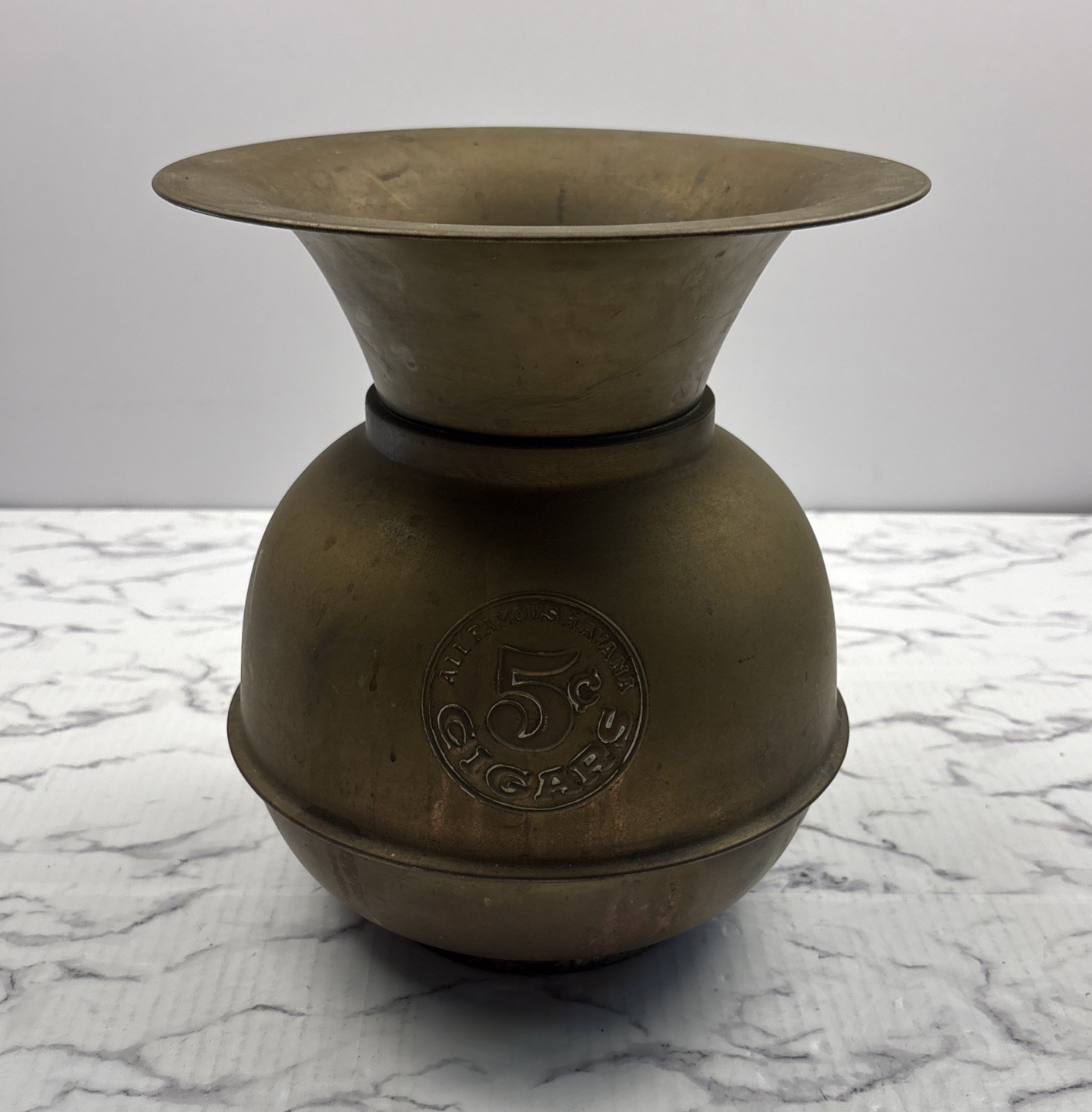 Brass Spittoon Vintage All Famous Havana 5¢ Cigars Raised Emblem Cuspidor 10”x9”