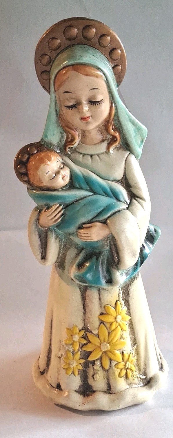 VINTAGE JOSEF ORIGINALS JAPAN VIRGIN MARY & BABY JESUS FIGURINE YELLOW FLOWER