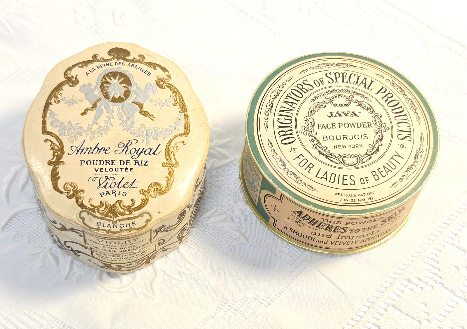 #15 Vanity 2 Antique Powder Boxes 1 Unused Java Bourjois & Ambre Royal Poudre
