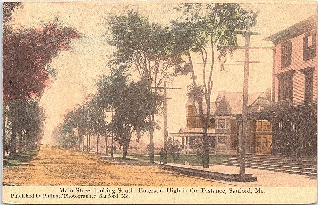 Lithograph Sanford ME Main Street at Emerson High School 1909