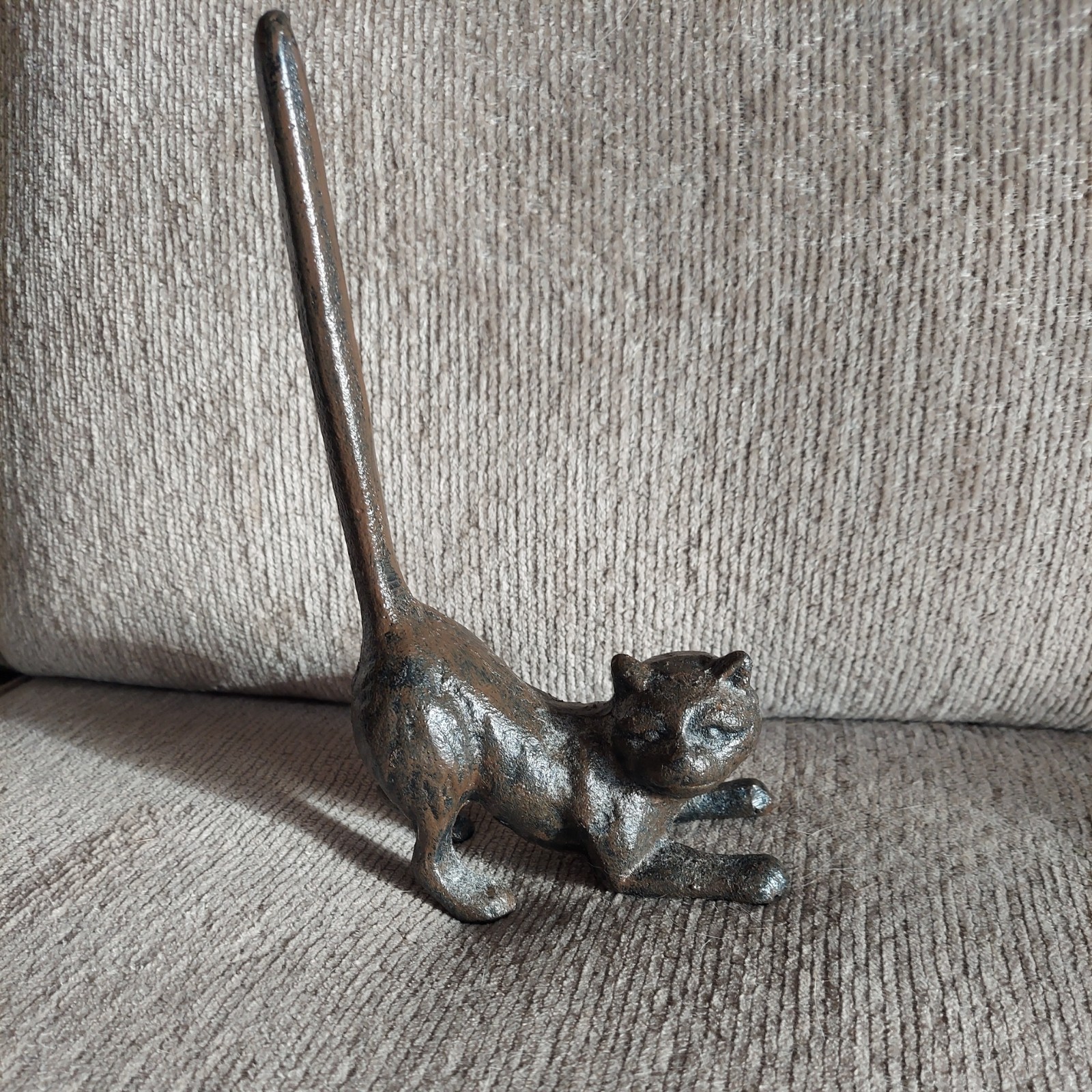 Vintage Cast Iron BLACK CAT with Long Tail Up DOOR STOP or Toilet Paper Holder
