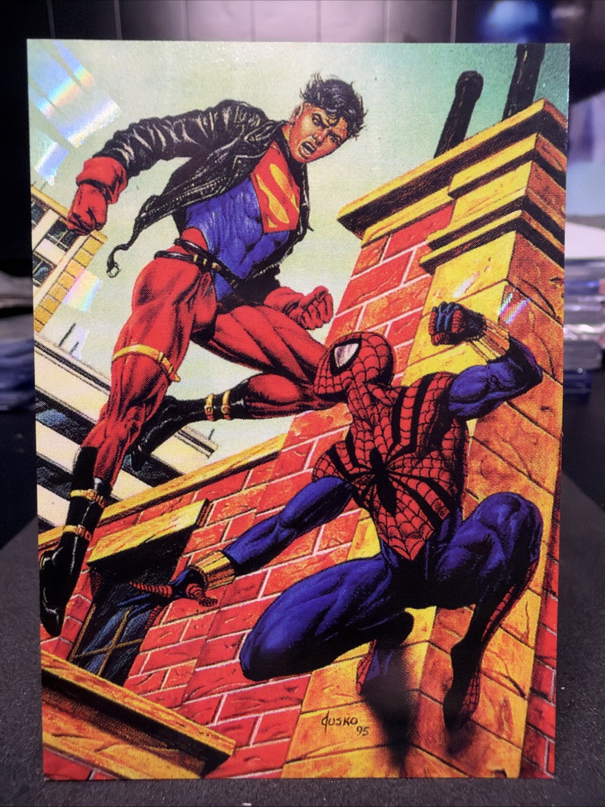 1995 Fleer DC vs. Marvel Comics #11 Spider-Man vs. Superboy Holo F/X (AH)