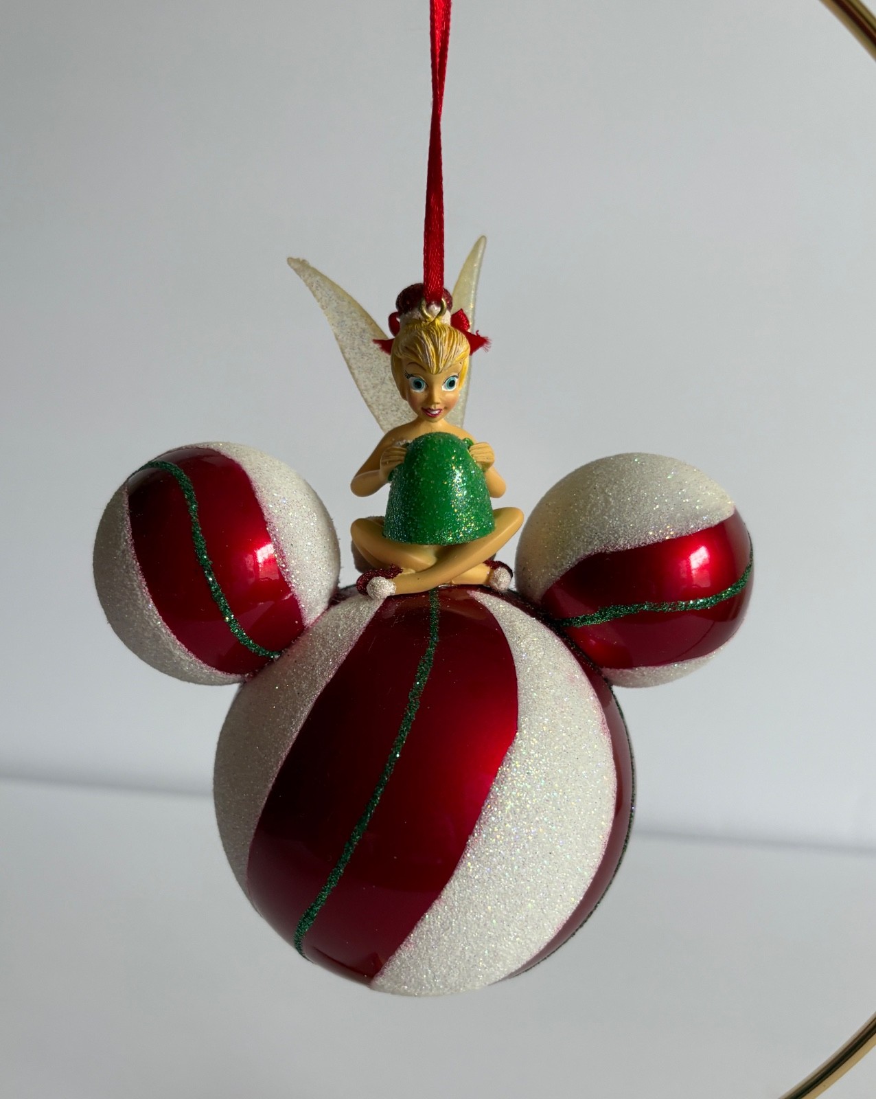 DISNEY TINKERBELL ON MICKEY ICON EARS LARGE GLITTERY ORNAMENT