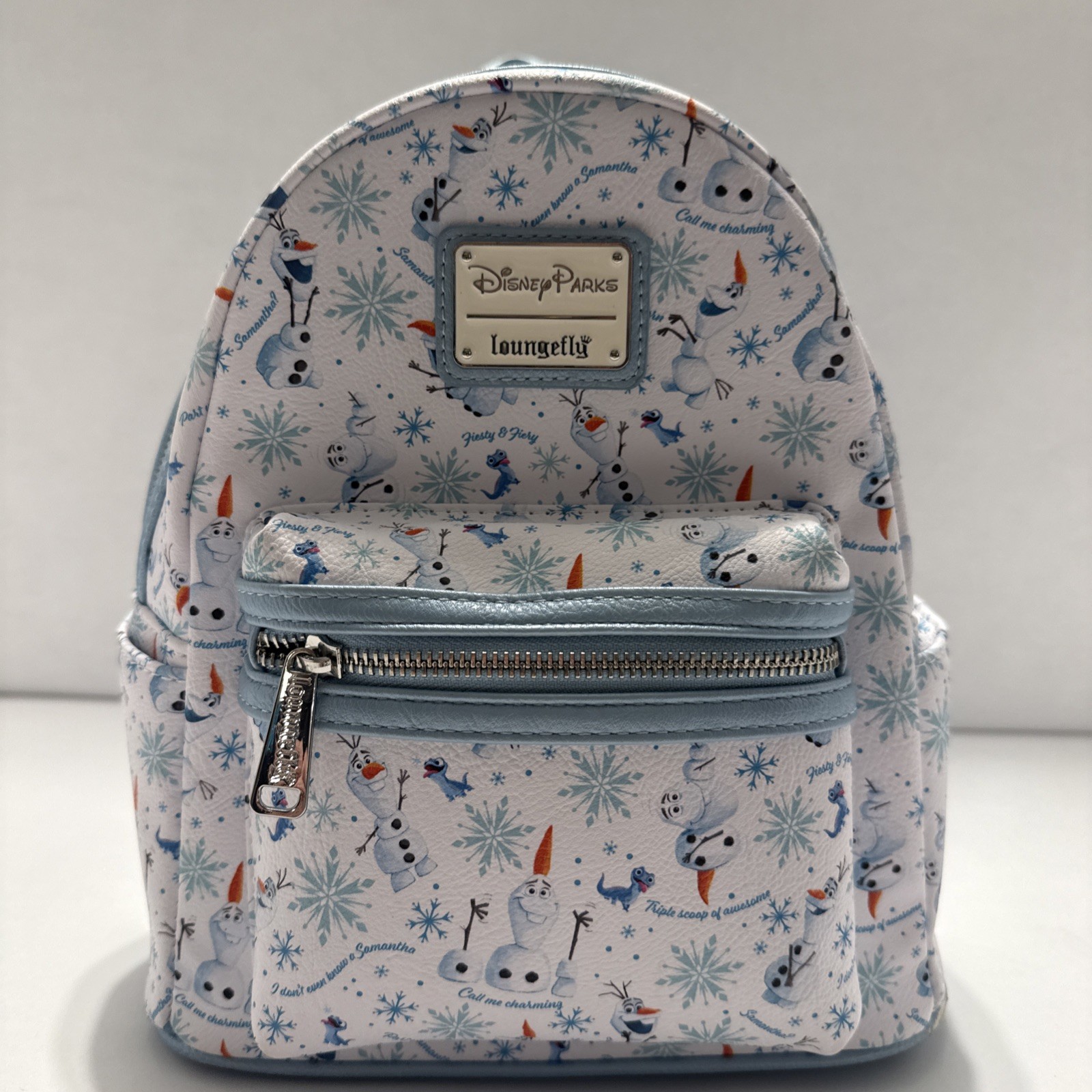 Disney Parks Loungefly Olaf Frozen Mini Backpack White/Blue Snowflake Zip