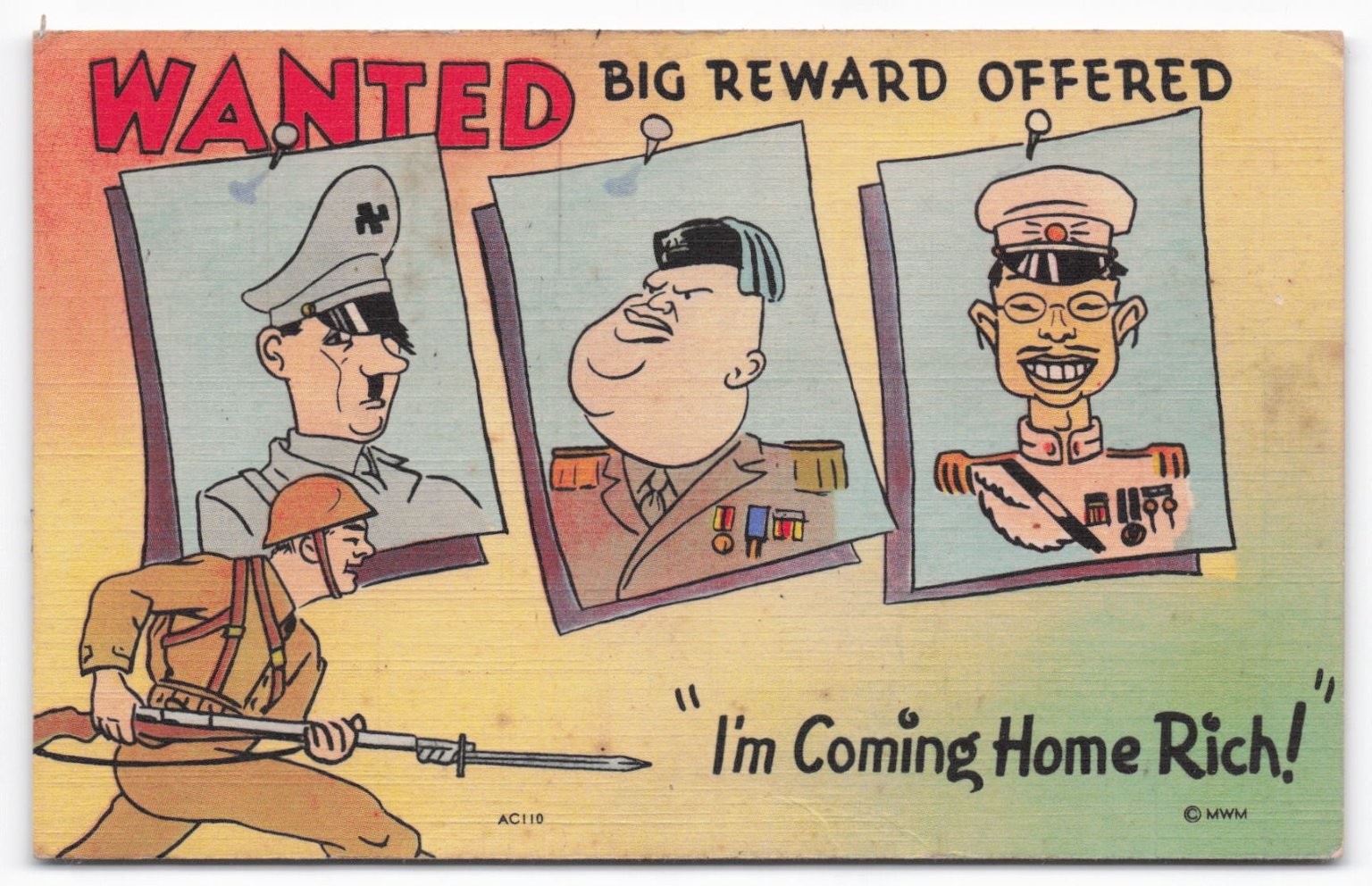VTG 1942 WWII Propaganda Postcard - Wanted Hitler Mussolini Tojo Reward Comic