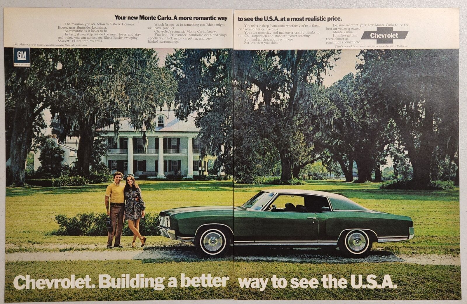 1972 Print Ad Chevrolet Monte Carlo 2-Door Chevy Houmas House Burnside,LA