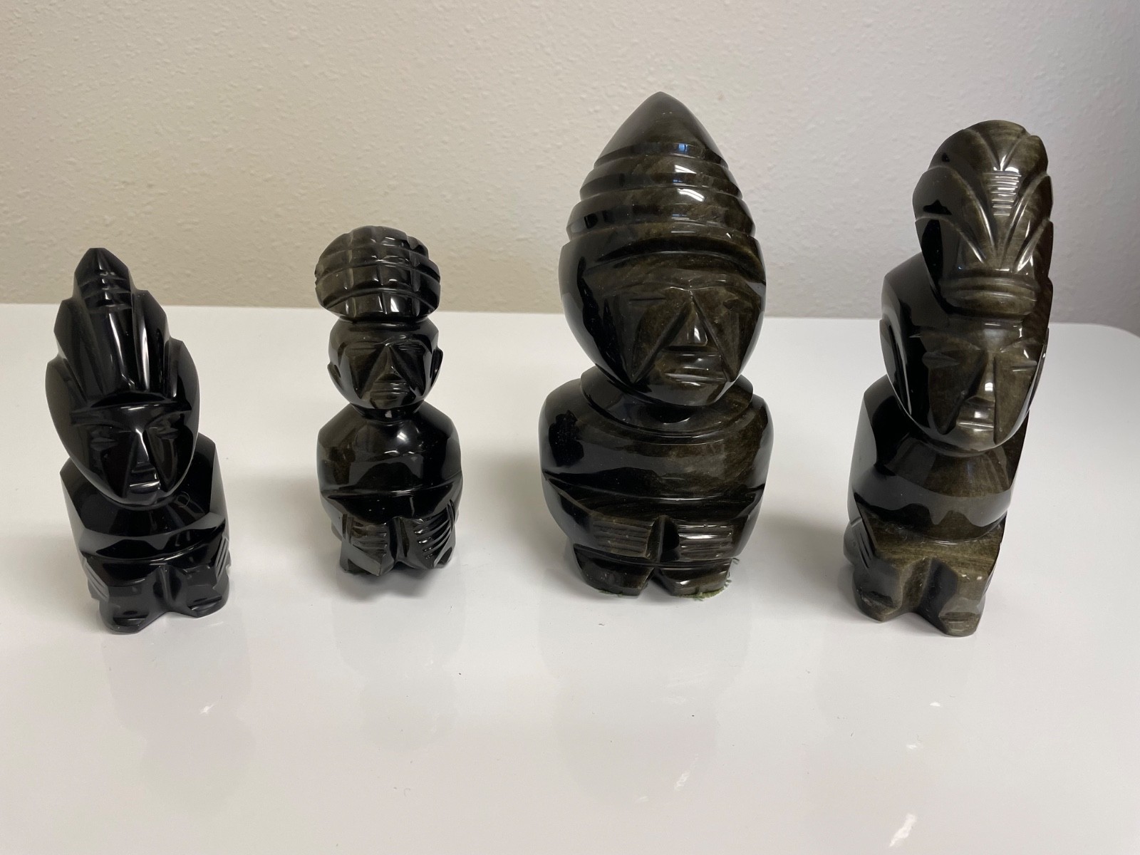 Set of 4 Vtg Obsidian Hand Carved Aztec Mayan Figures 3 w/Gold Sheen 4-6”
