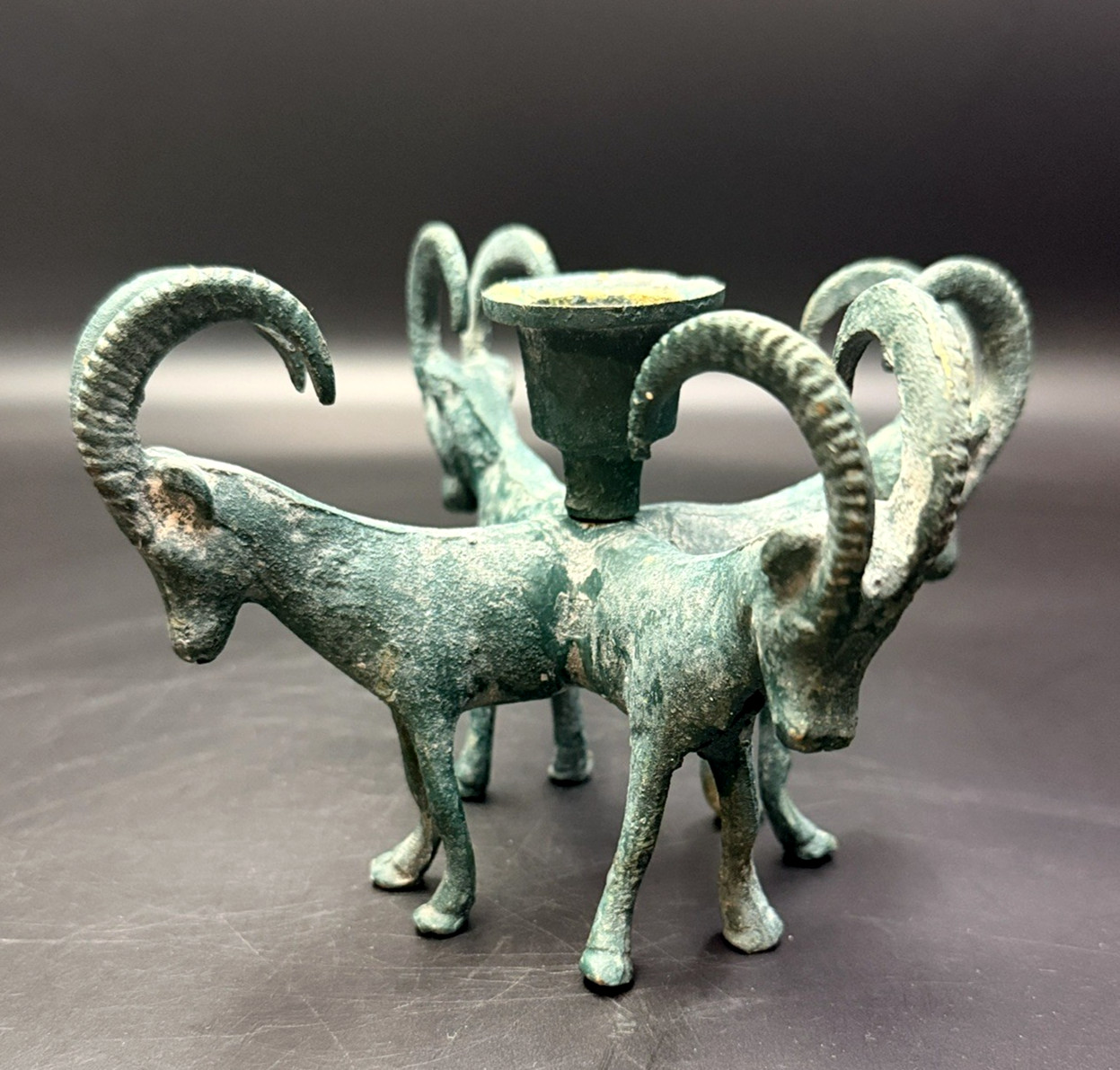 Vintage Verdigras Brass Candleholder 4 Goats Rams RARE