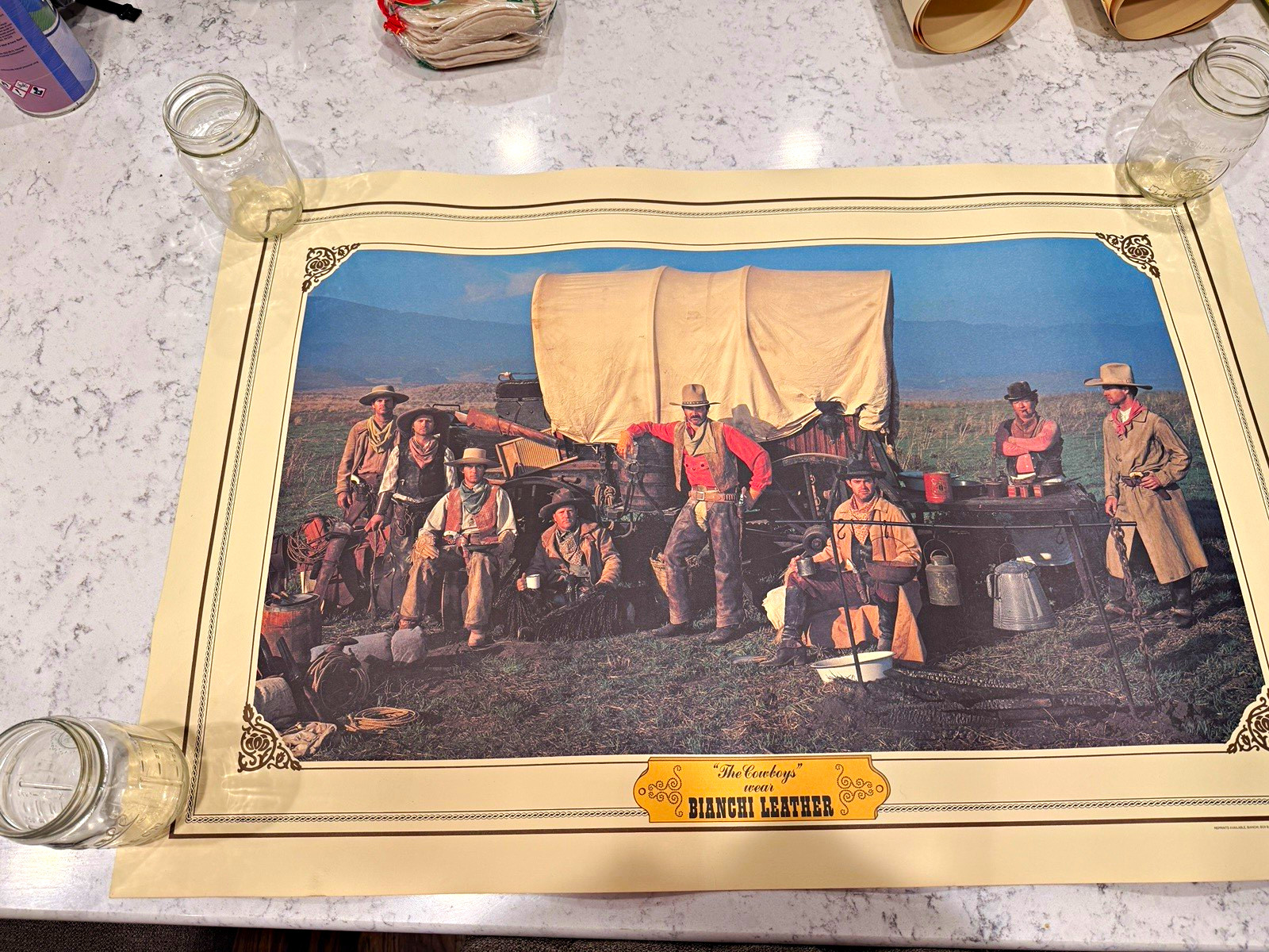 Vintage 1982 Bianchi Leather The Cowboys Western Covered Wagon Poster 36x24