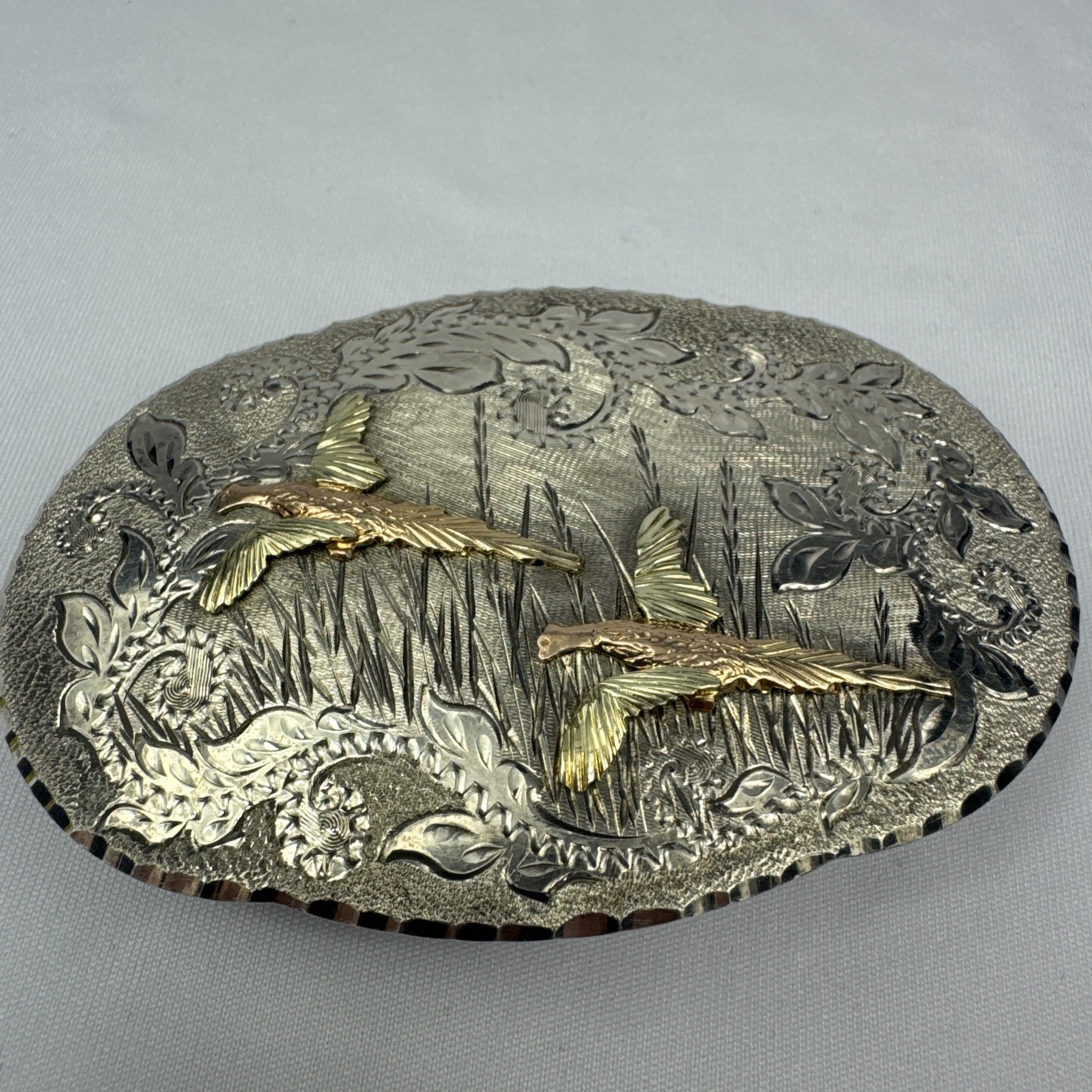 Gorgeous Hand Engraved Sterling Silver & 10k Gold Belt Buckle - 50 Grams - 3”