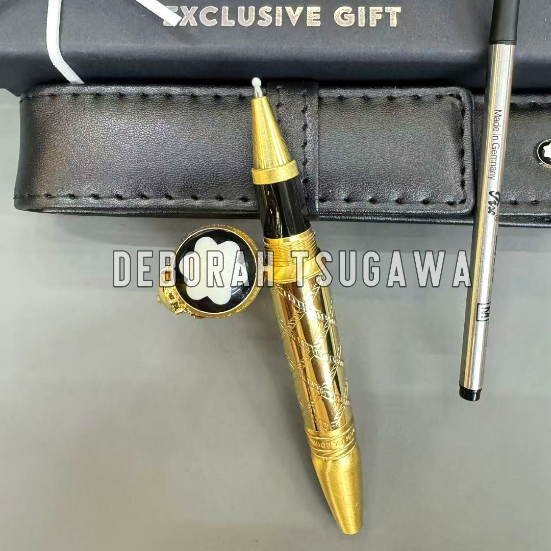 HOT MB Gold Engraved Rollerball Pen Black Enamel Emblem Leather Pouch Rare