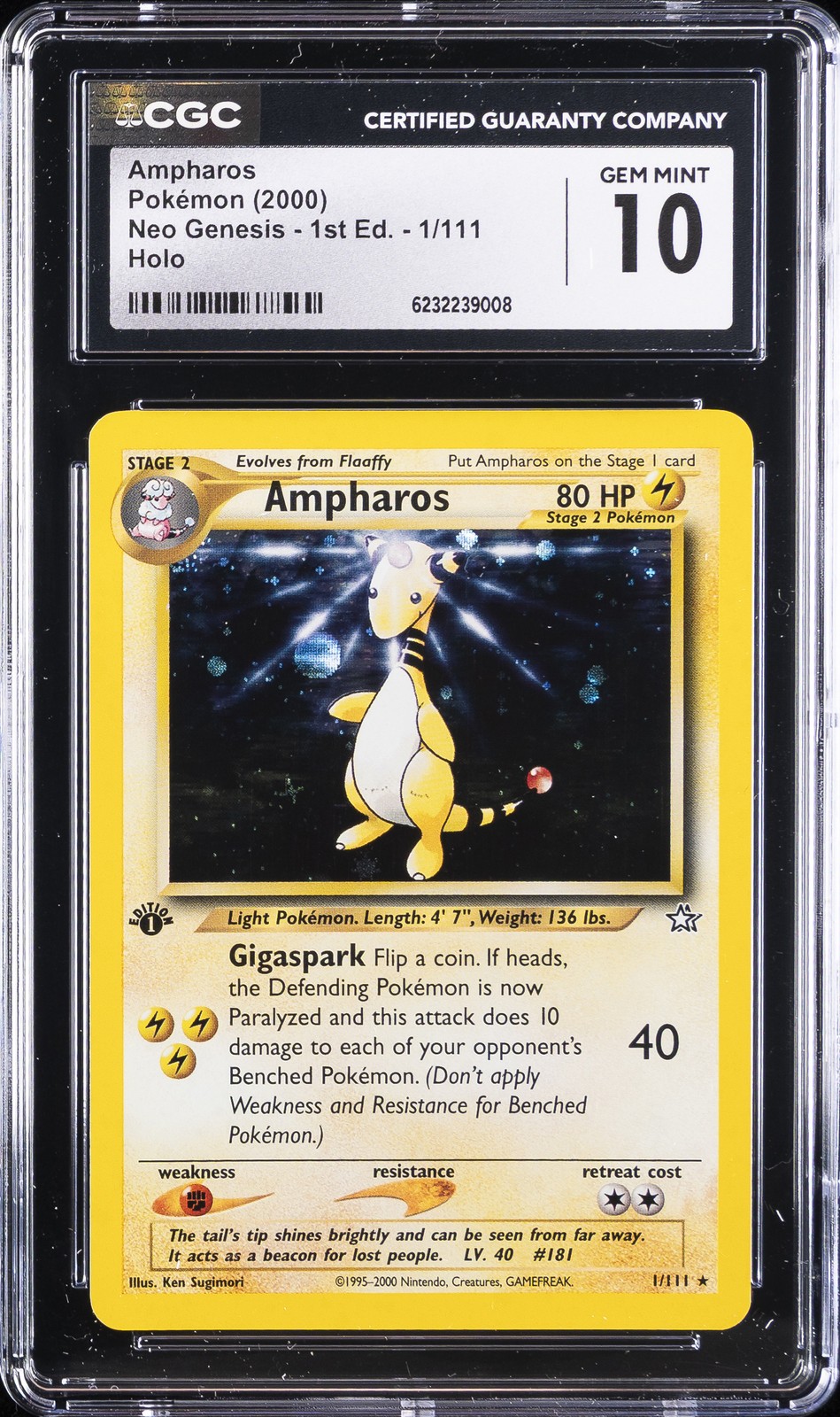 2000 POKEMON NEO GENESIS - 1ST ED. HOLO #1/111 AMPHAROS CGC 10 GEM MINT