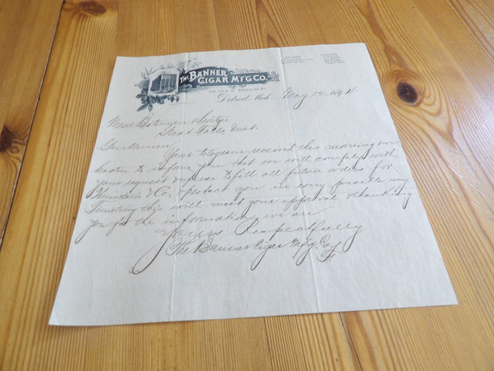 1894 Banner Cigar Mfg. Co. Letterhead, Detroit MI, Tobacco