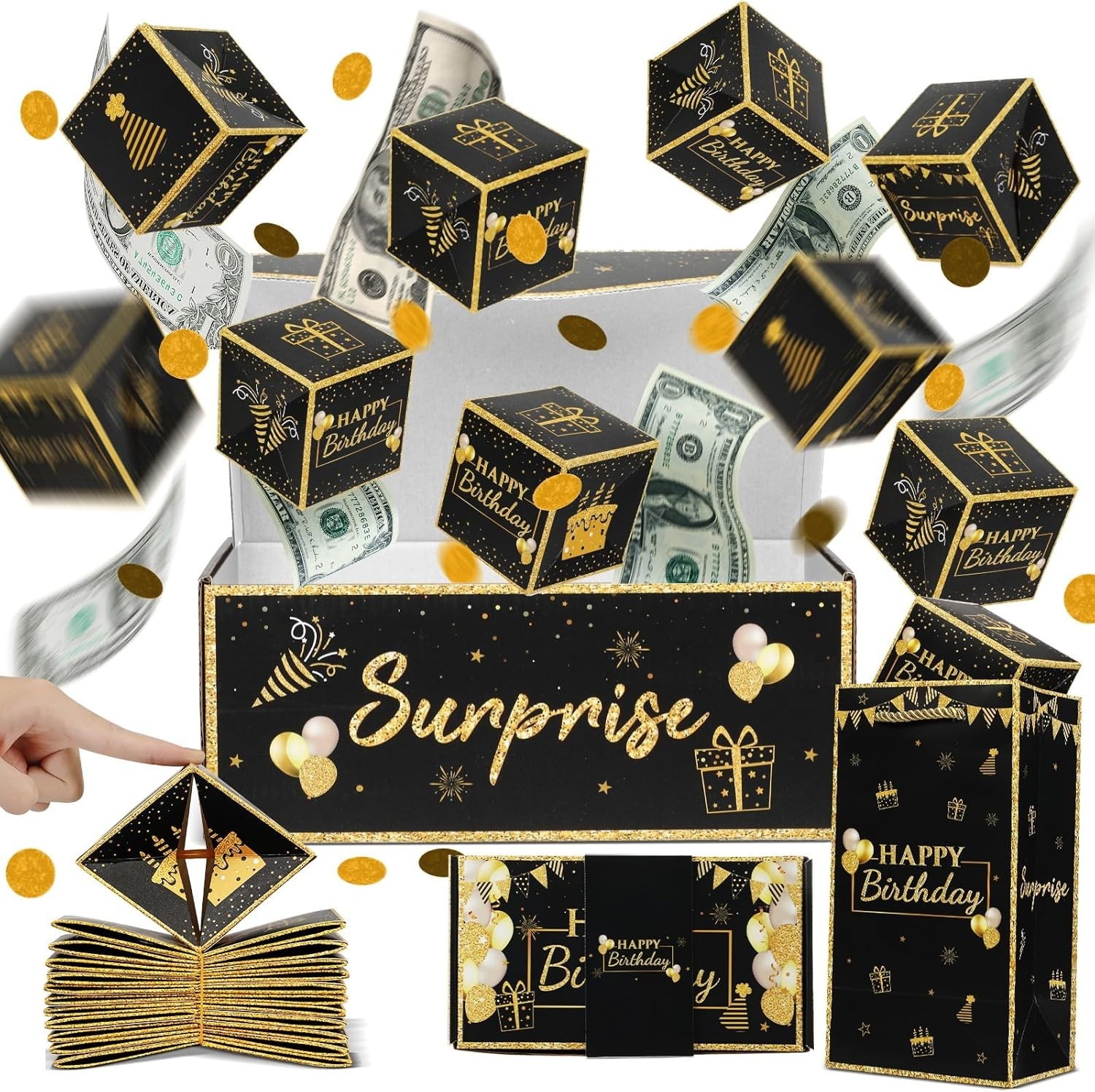 Birthday Surprise Gift Box Explosion for Money, Exploding Black Gold