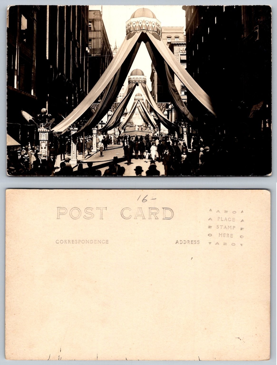 Vintage RPPC Real Photo Postcard Street Scene Parade Festival City Archways