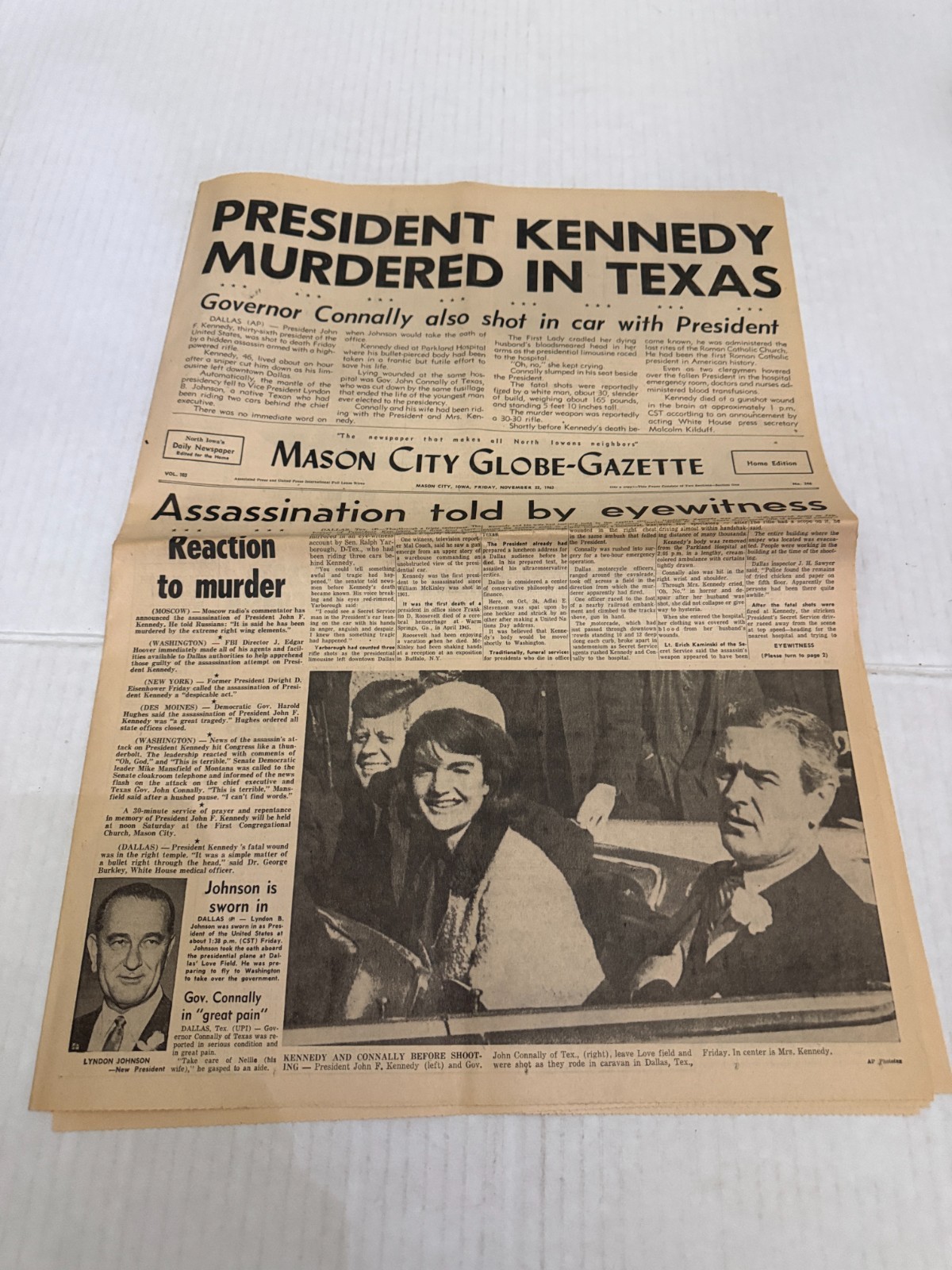 1963 JFK Assassination Newspaper Nov 22 Mason City Globe-Gazette Kennedy Murder