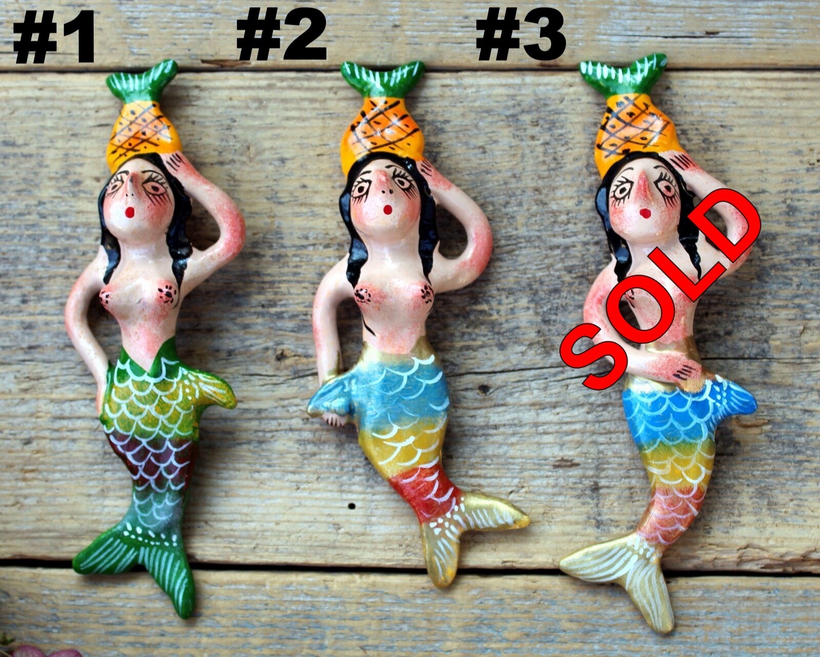 Mermaid Pineapple On Head SOLD SEPARATELY Clay Ornaments Handmade Mexican Folk