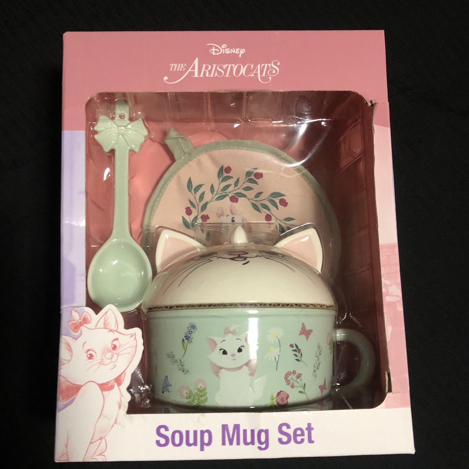 Disney The Aristocats Marie Cat Soup Mug Set w/ Lid/Soup Spoon & Pot Holder Gift