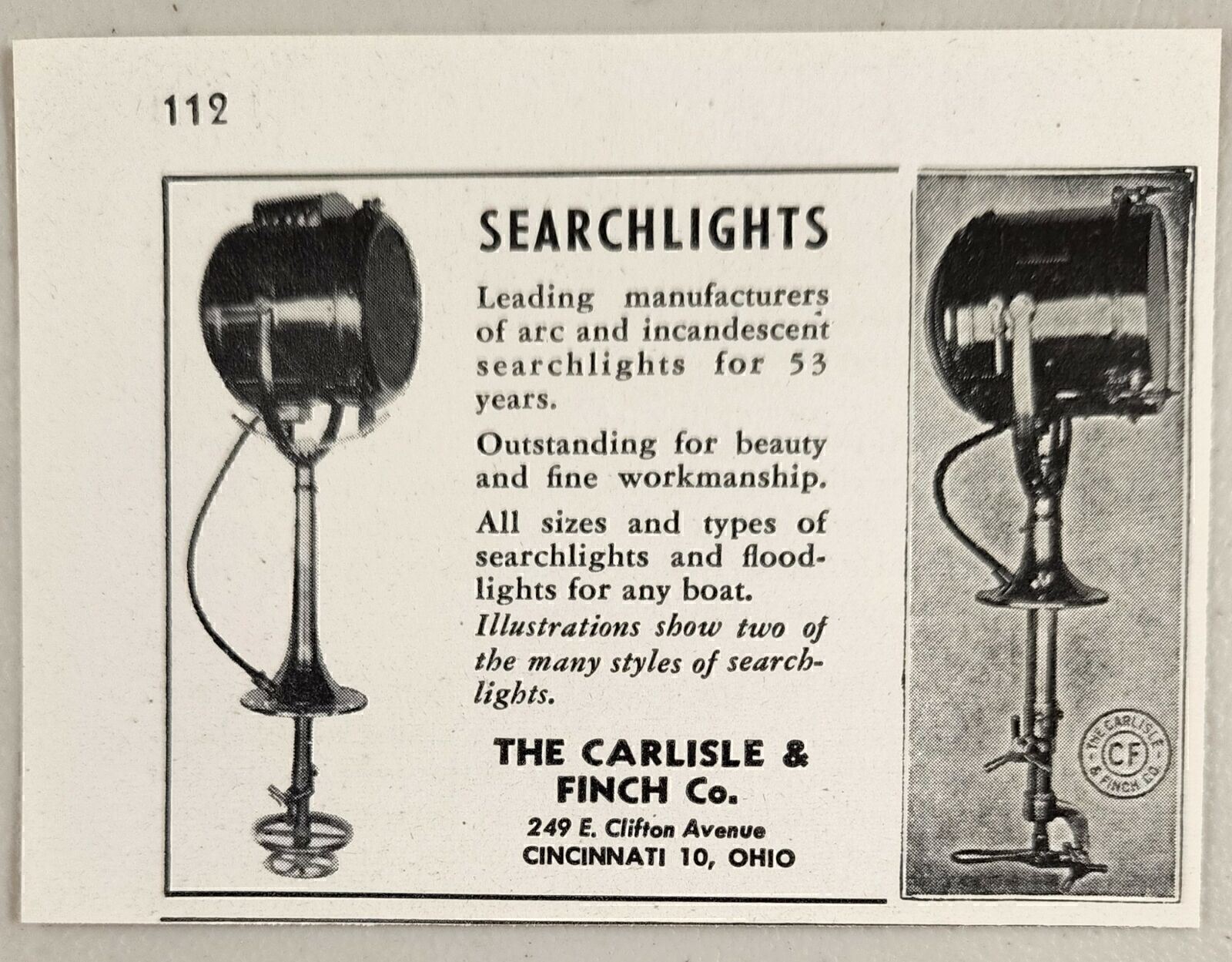 1947 Print Ad Carlisle & Finch Searchlights & Floodlights Cincinnati,Ohio