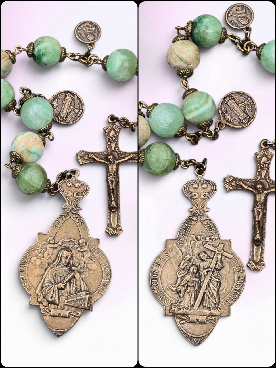 St Rita St Clare Padre Pio Stigmatist Saints Chaplet -9 Beads -Bronze Green Jade