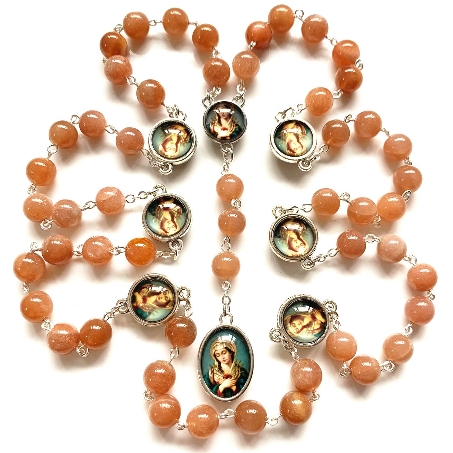 Catholic Orange Moonstone Beads Seven 7 Sorrows Of Mary Rosary Necklace Gift BOX